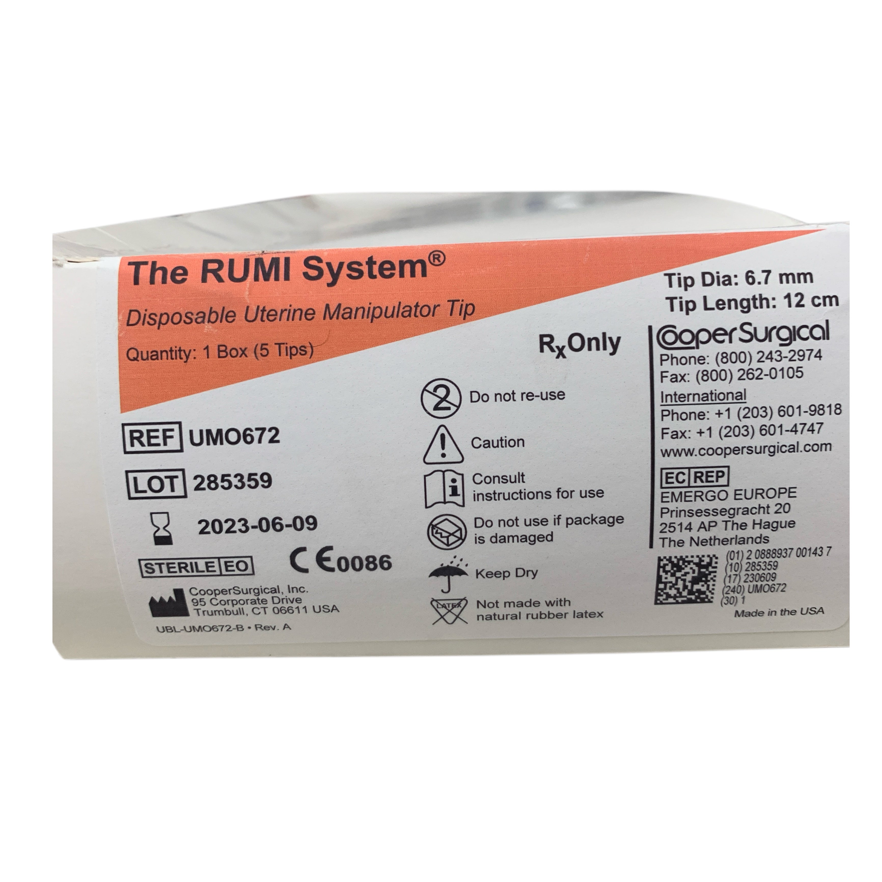 COOPER SURGICAL REF UMO672 The RUMI System Disposable Uterine Manipulator Tip 6.7mm x 12cm Box of 5, Exp.2023/06