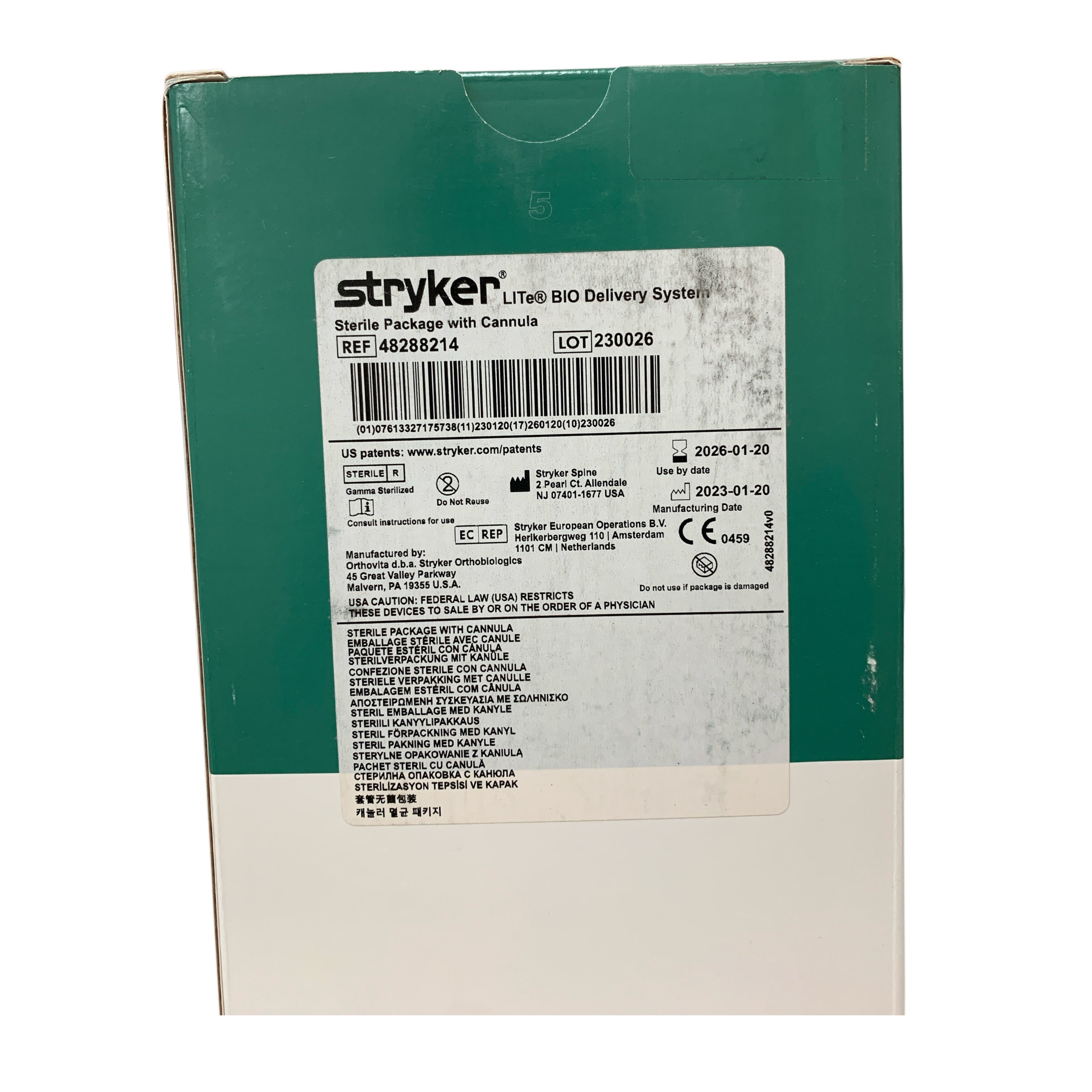 STRYKER REF 48288214 LITe BIO Delivery System Sterile Package with Cannula Exp 2026-01