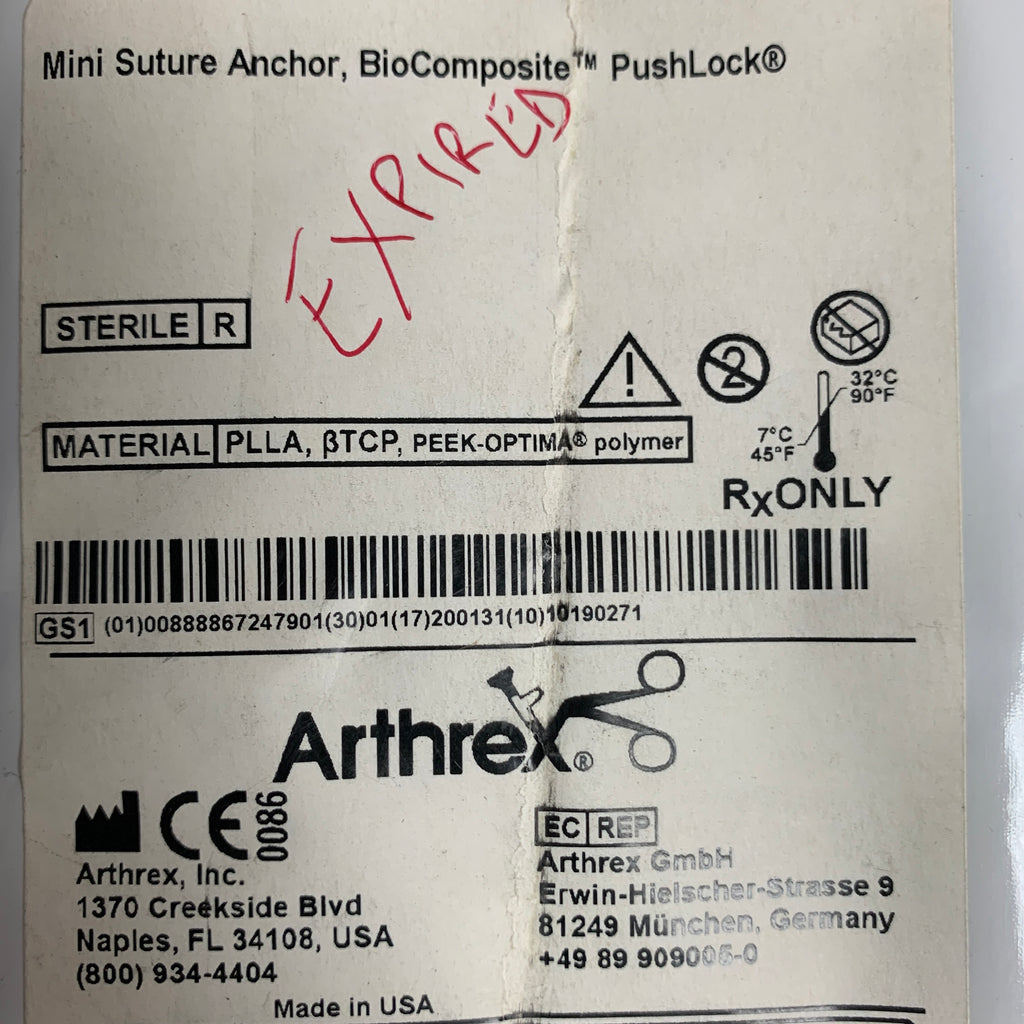 ARTHREX AR-8825BC BioComposite PushLock Mini Suture Anchor 2.5 x 8mm, EXP 2020-01