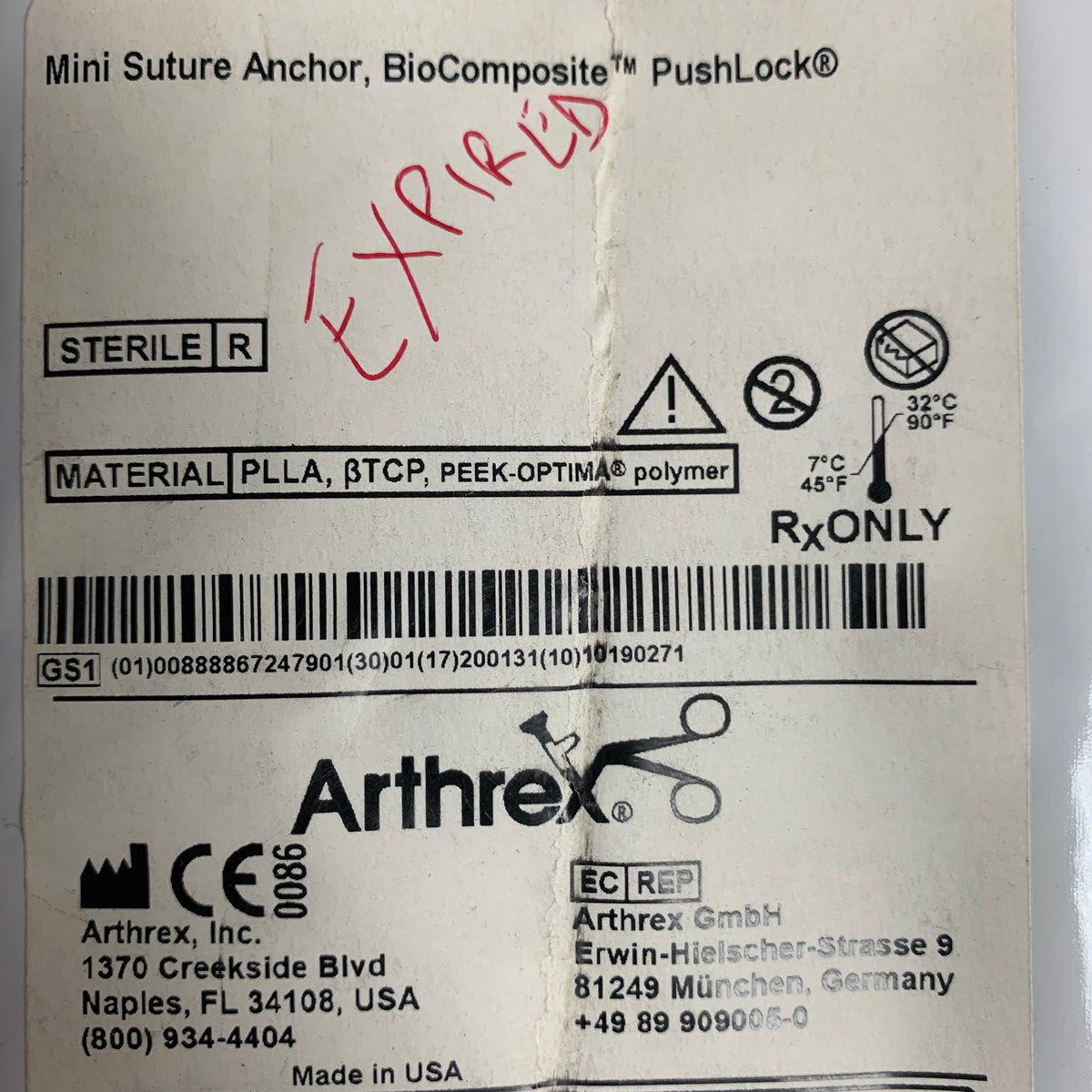 ARTHREX AR-8825BC BioComposite PushLock Mini Suture Anchor 2.5 x 8mm, EXP 2020-01