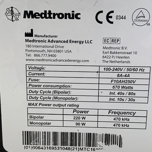 Medtronic AEX REF 40-405-1 HF Surgical Equipment, MFD 2016, Software Version 1.0