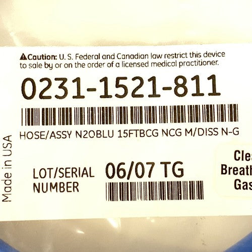 DATEX OHMEDA 0231-1521-811 HOSE/ASSY N2OBLU 15FTBCG NCG M/DISS N-G