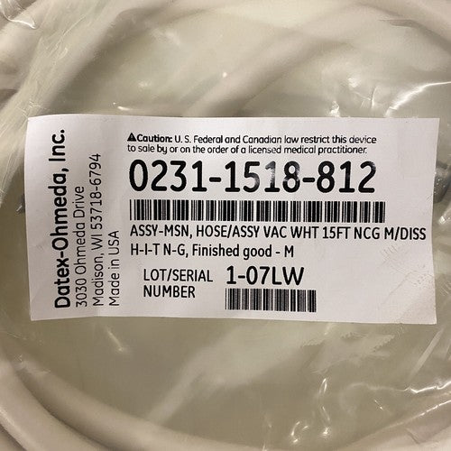 DATEX OHMEDA 0231-1518-812 ASSY-MSN, Hose/Assy VAC WHY 15FT NCG M/DISS H-I-T N-G