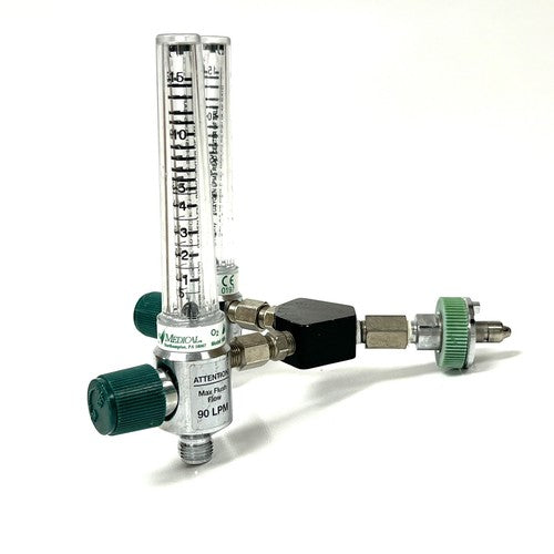 Precision Medical Dual O2 Flowmeter, Model 1MFA, w/ Y Block Assembly