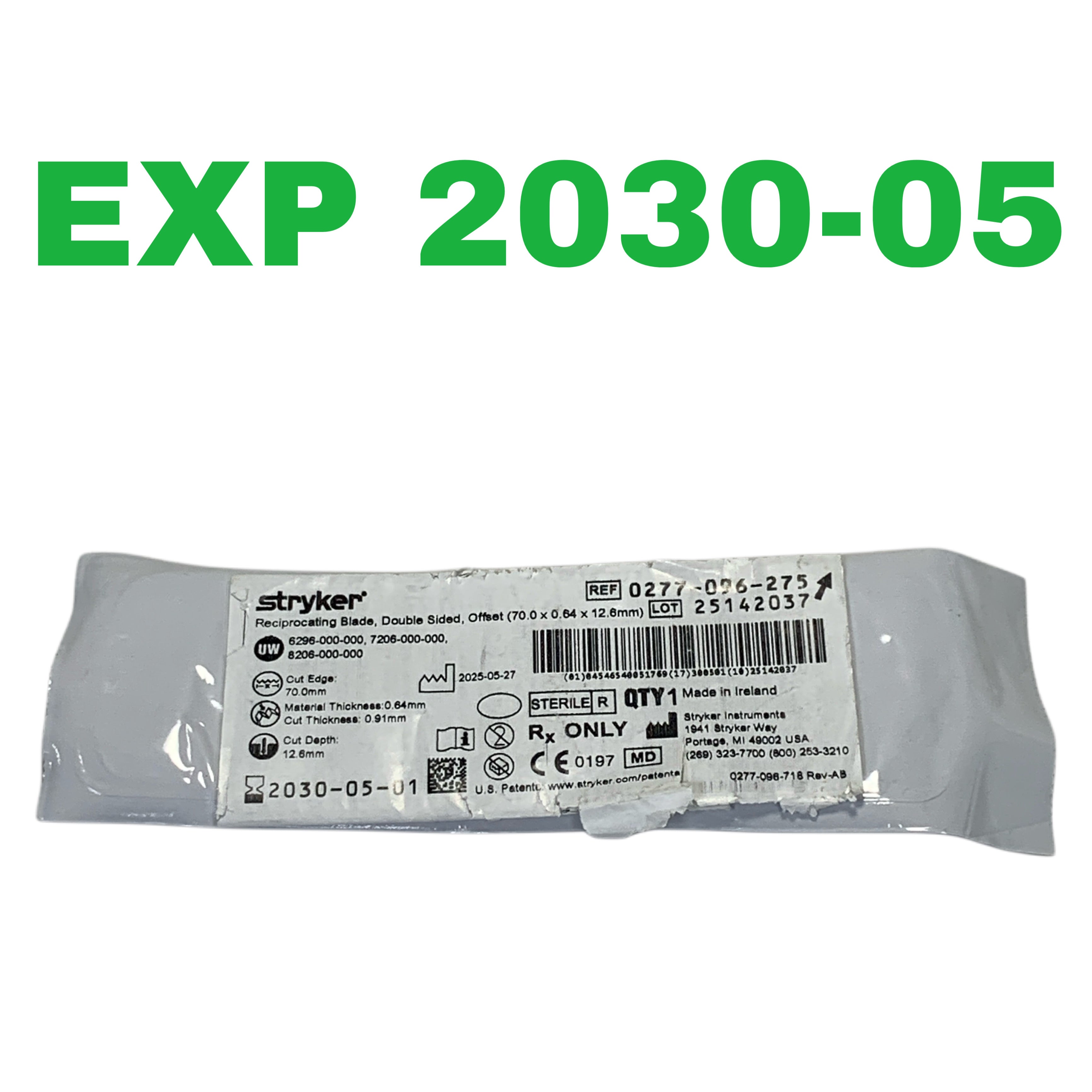 STRYKER REF 0277-096-275 Reciprocating Blade Double Sided Offset 70.0mm x 0.64mm x 12.6mm, Exp.2030/05