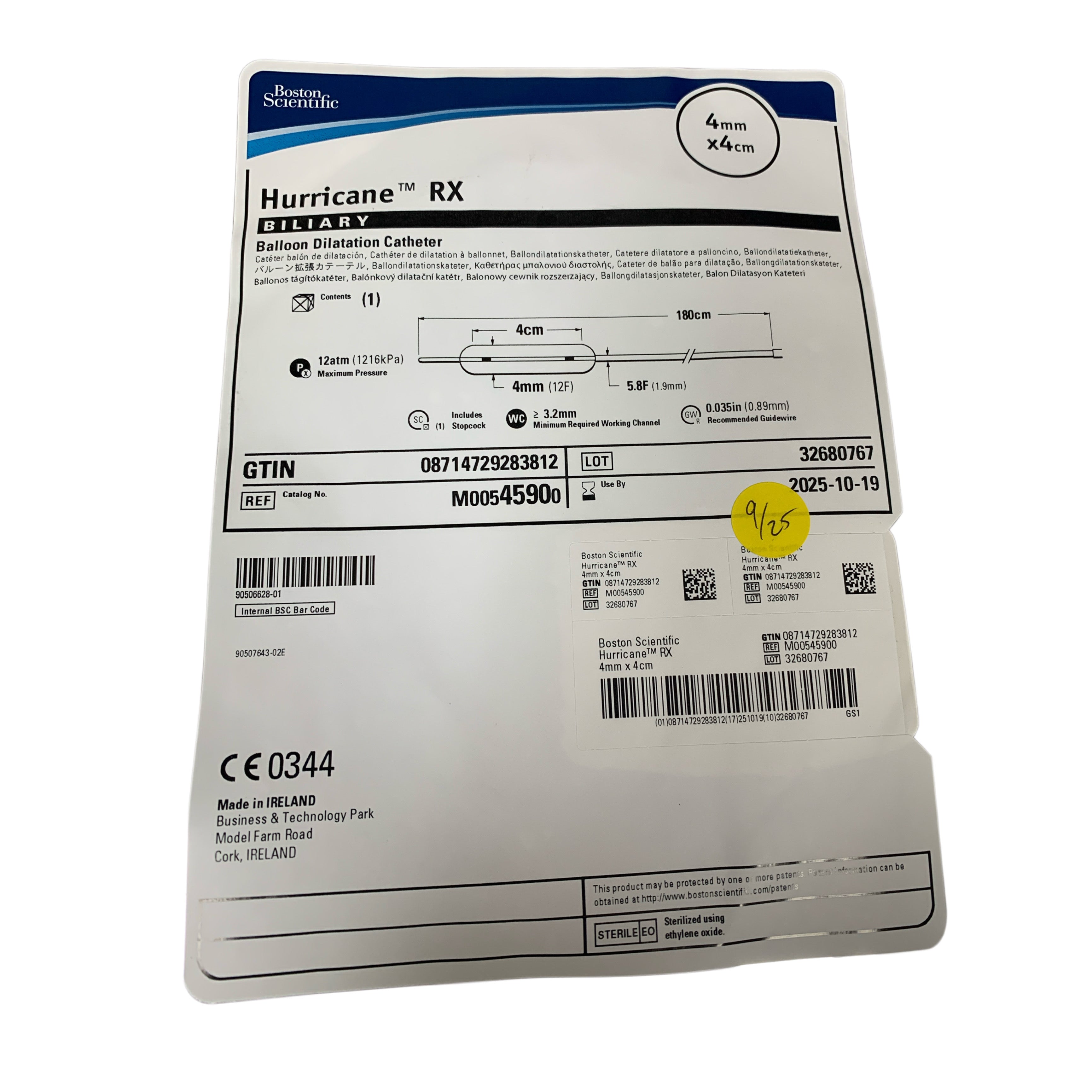 BOSTON SCIENTIFIC REF M00545900 Hurricane RX Biliary Balloon Dilatation Catheter 4mm x 4cm, Exp.2025/10