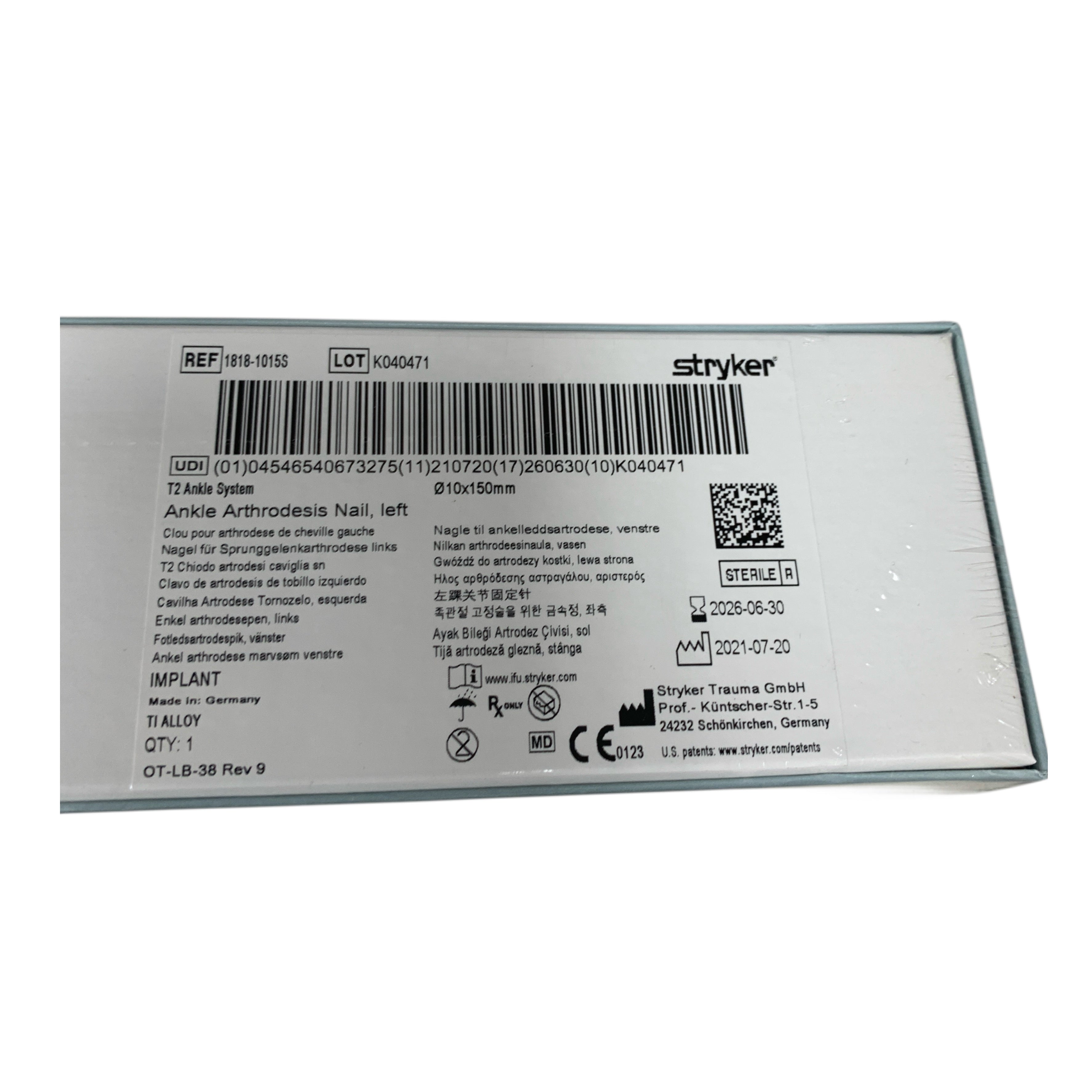 STRYKER 1818-1015S T2 Ankle System Ankle Arthrodesis Nail Left 10x150mm Exp 2026 06