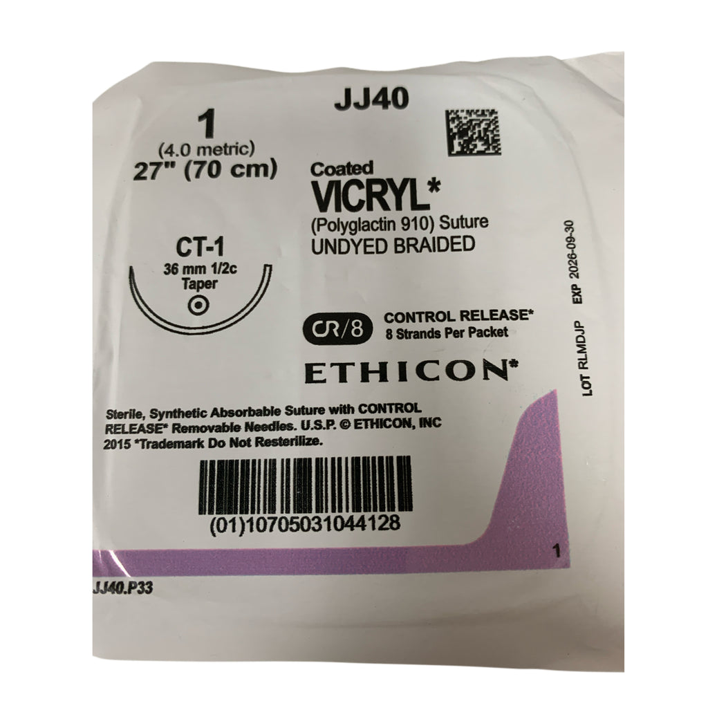 ETHICON REF JJ40G Coated VICRYL Absorbable Suture 1 (4.0 Metric) 27" 70cm CT-1 Needle, Exp.2026/09