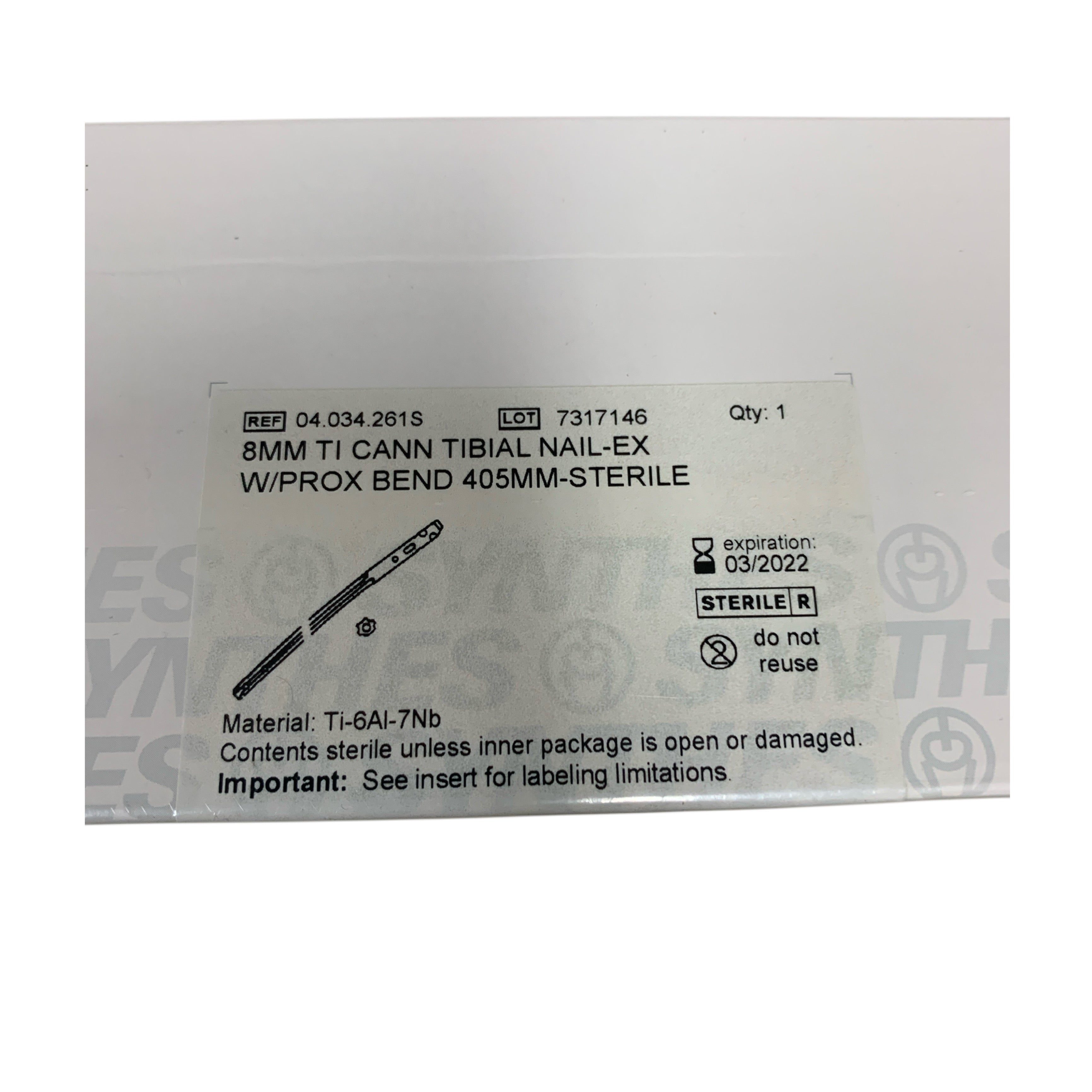SYNTHES 04.034.261S 8MM Ti Cann Tibial Nail EX W/Prox Bend 405MM Sterile Exp 2022 03