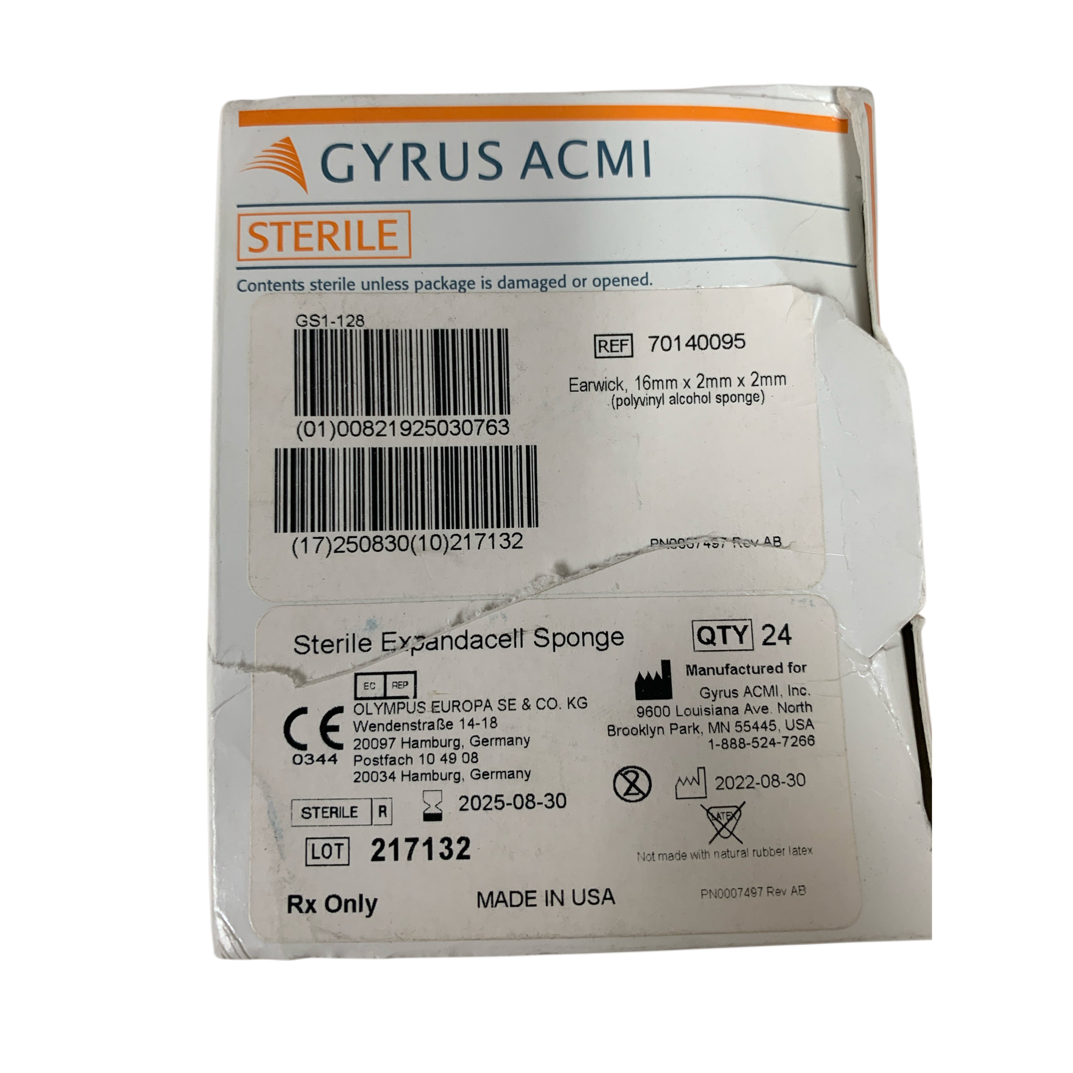 GYRUS ACMI 70140095 Earwick Sterile Expandacell Polyvinyl Alcohol Sponge 16mm x 2mm x 2mm BOX OF 24 Exp 2025 08