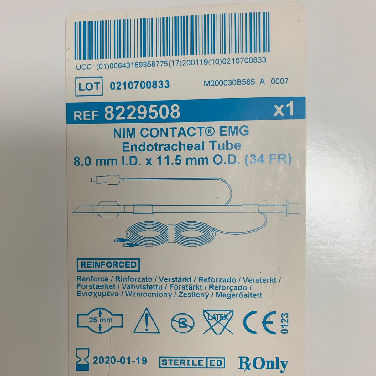 MEDTRONIC XOMED 8229508 NIM CONTACT EMG ET Tube 8.0mm I.D. 11.5mm O.D. 34 FR EXP 2020 01