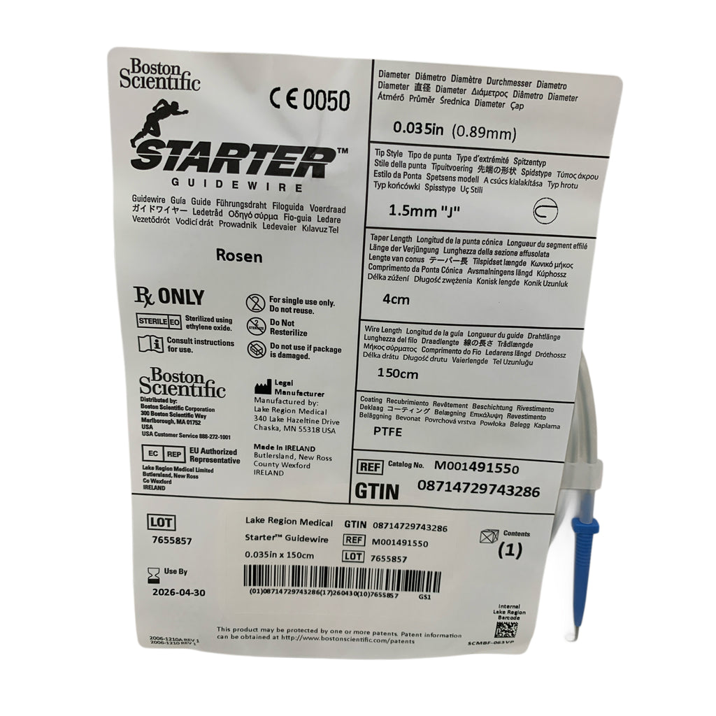 BOSTON SCIENTIFIC M001491550 Starter Guidewire Rosen PTFE 0.035in x 150cm 1.5mm J Tip Taper 4cm Exp 2026 04