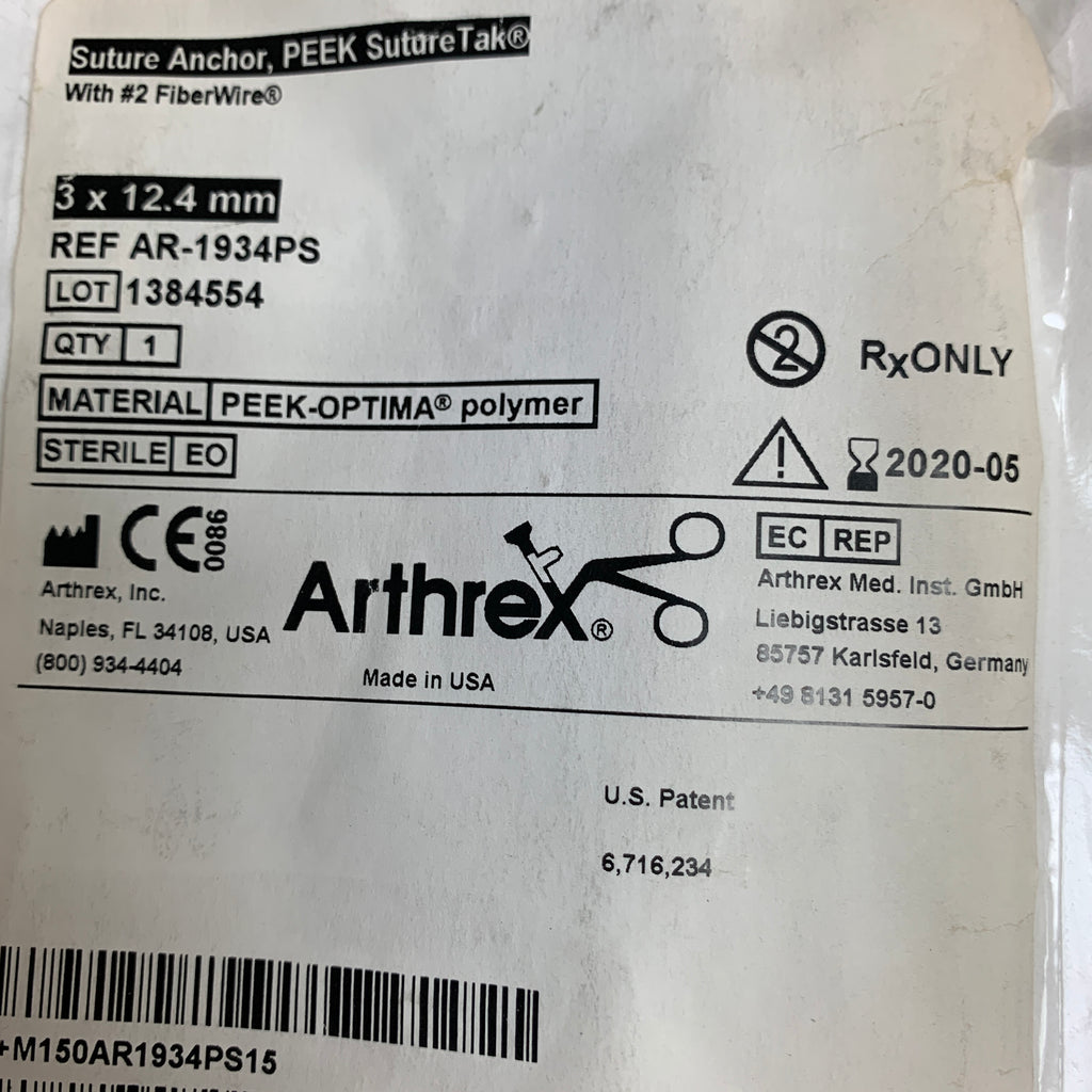ARTHREX AR-1934PS PEEK SutureTak Suture Anchor 3 x 12.4mm with 2 FiberWire, EXP 2020-05