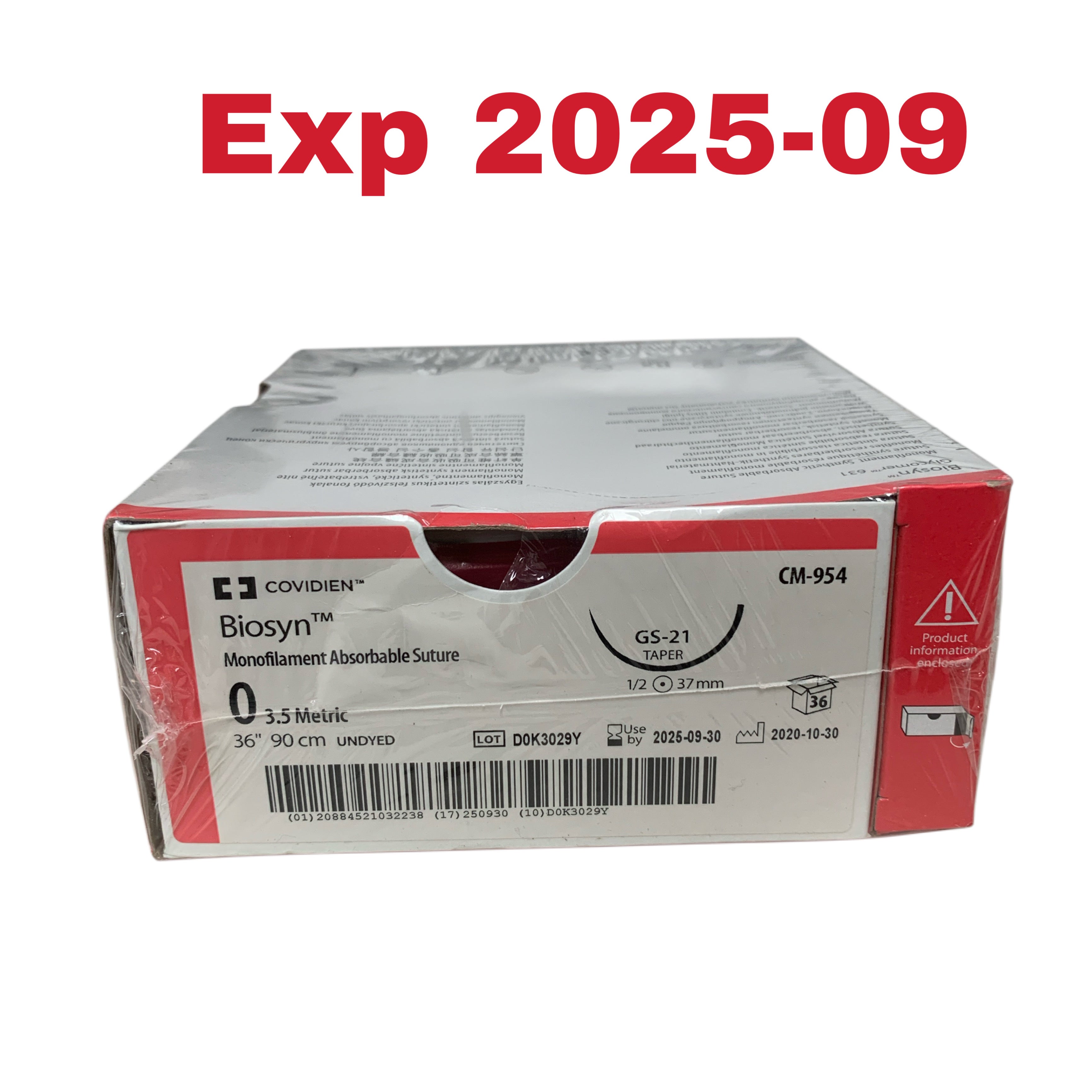 COVIDIEN REF CM-954 Biosyn Monofilament Absorbable Suture 0 3.5 Metric 36" 90 cm GS-21 Taper 37mm Box of 36 Exp 2025 09