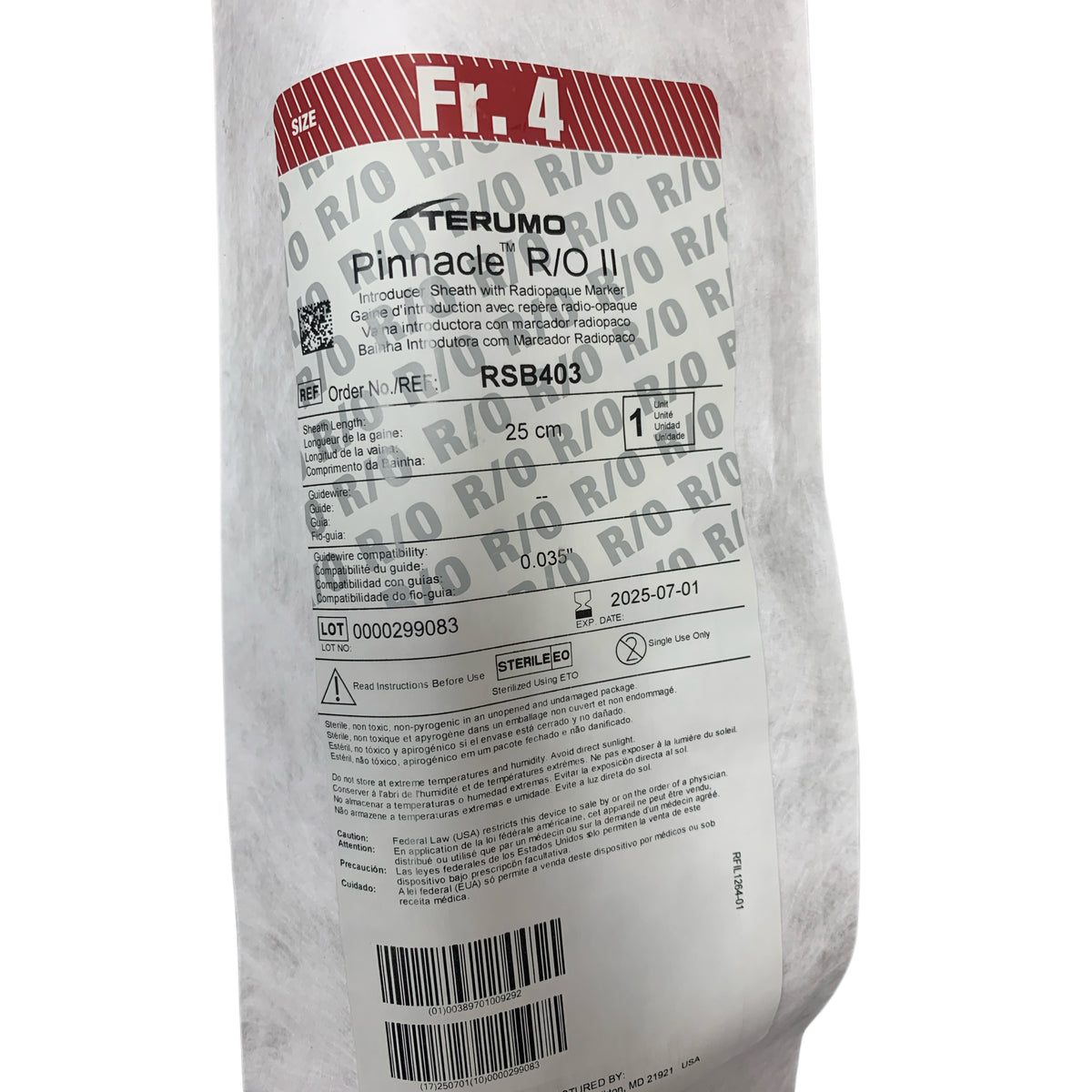 TERUMO RSB403 Pinnacle R/O II Introducer Sheath with Radiopaque Marker Size Fr 4 25 cm Guidewire 0.035" Exp 2025 07