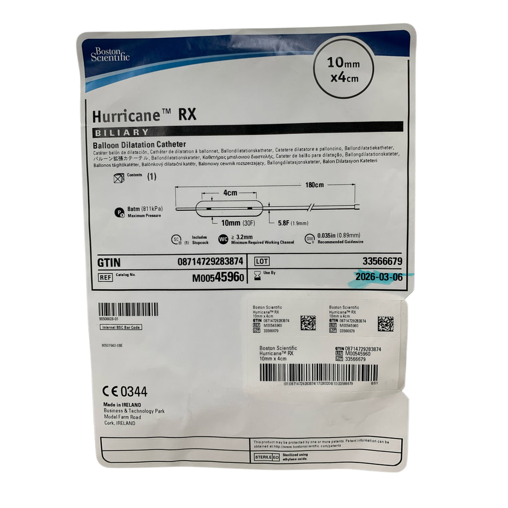 BOSTON SCIENTIFIC REF M00545960 Hurricane RX Biliary Balloon Dilatation Catheter 10mm x 4cm Exp 2026 03