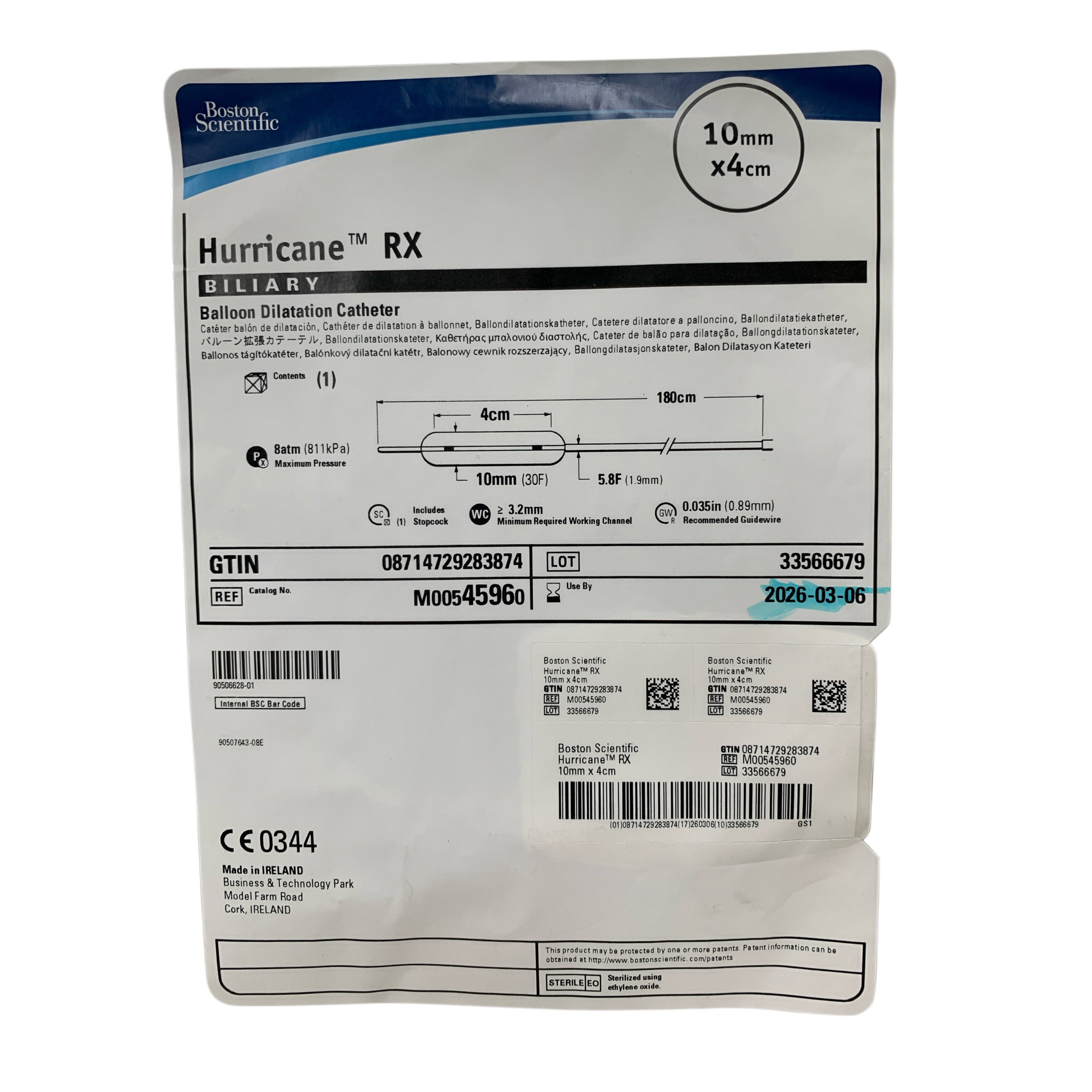 BOSTON SCIENTIFIC REF M00545960 Hurricane RX Biliary Balloon Dilatation Catheter 10mm x 4cm Exp 2026 03