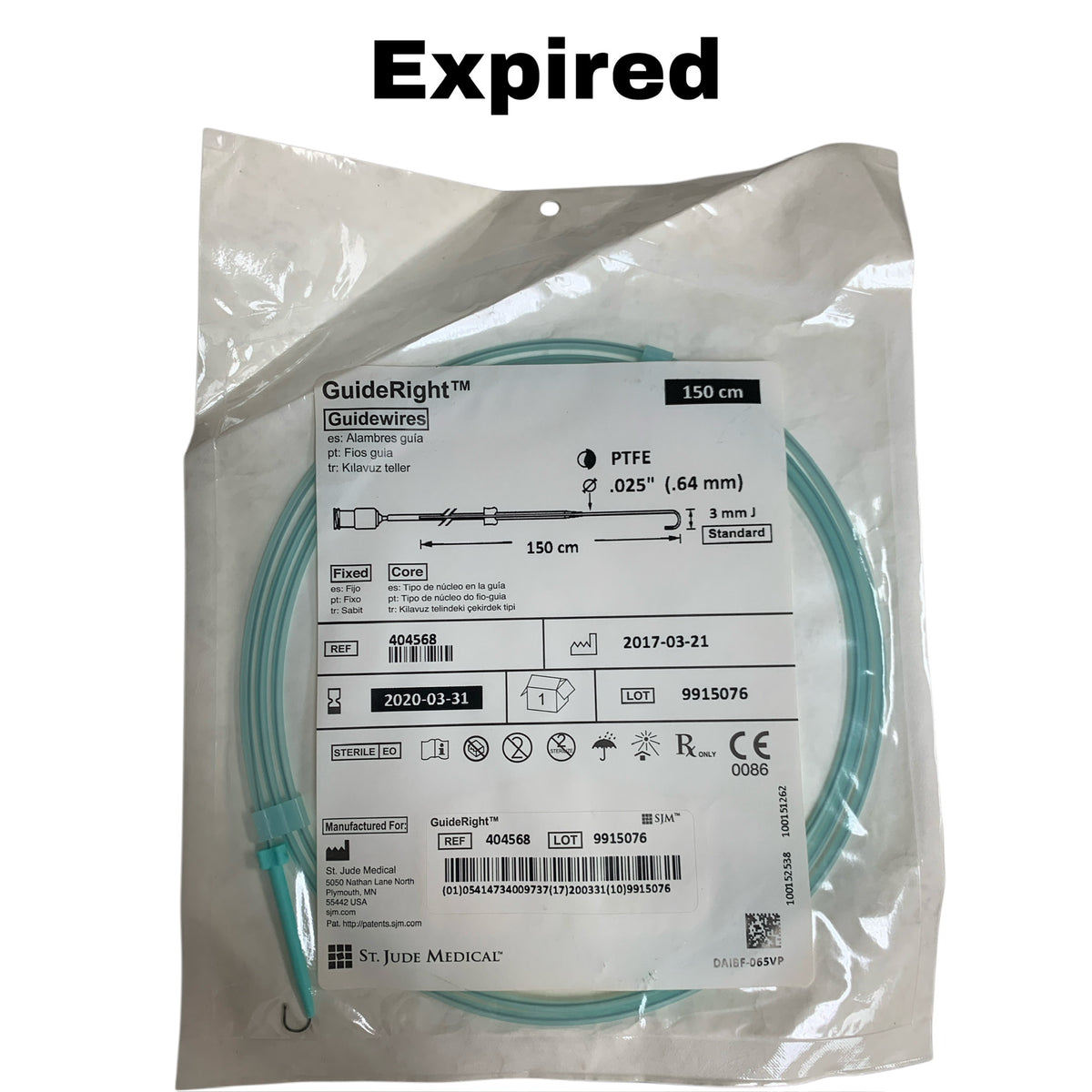 ST JUDE MEDICAL 404568 GuideRight Guidewires PTFE .025" 150 cm 3 mm J Standard  EXP 2020 03