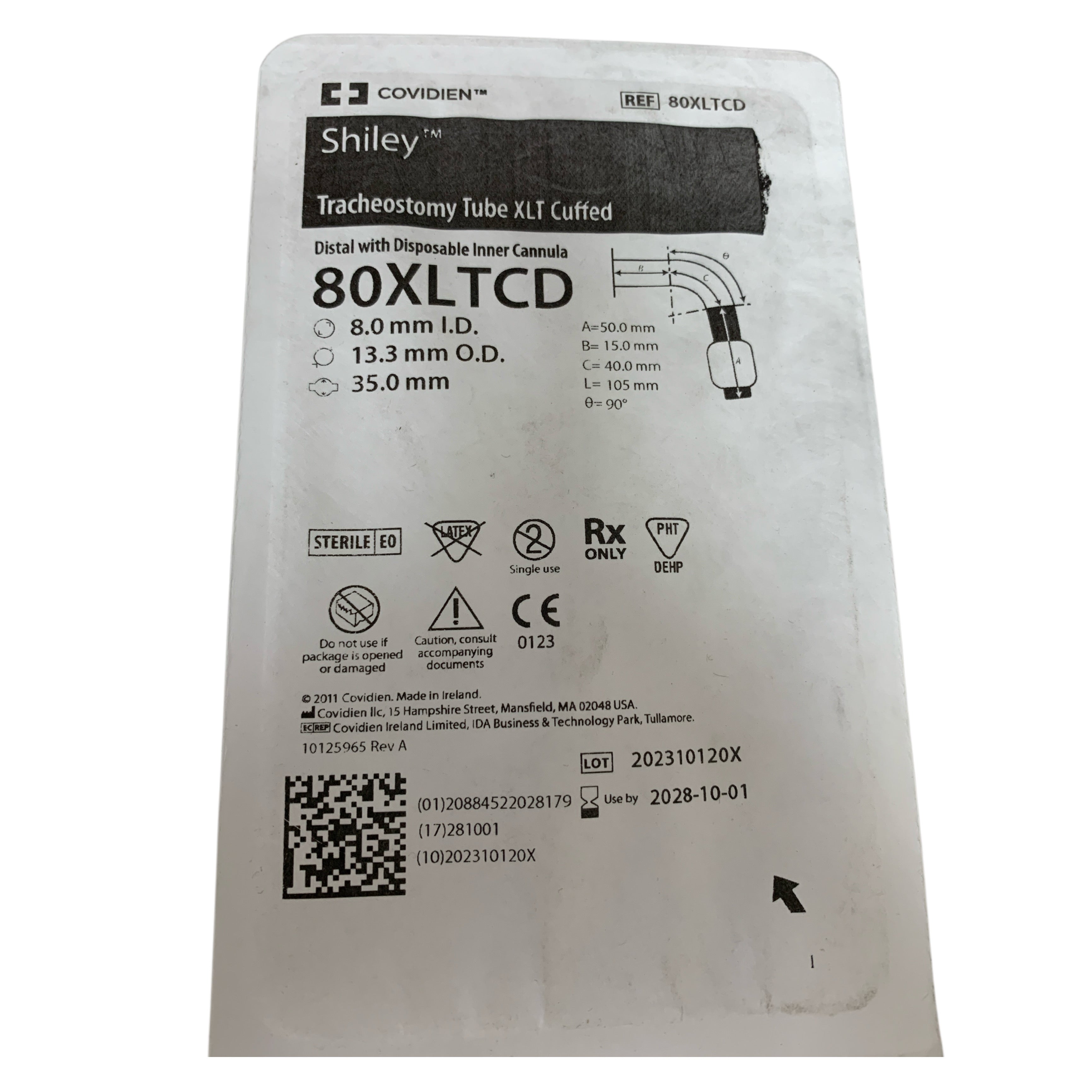 COVIDIEN REF 80XLTCD Shiley Tracheostomy Tube XLT Cuffed 8.0mm ID Distal, Exp.2028-10