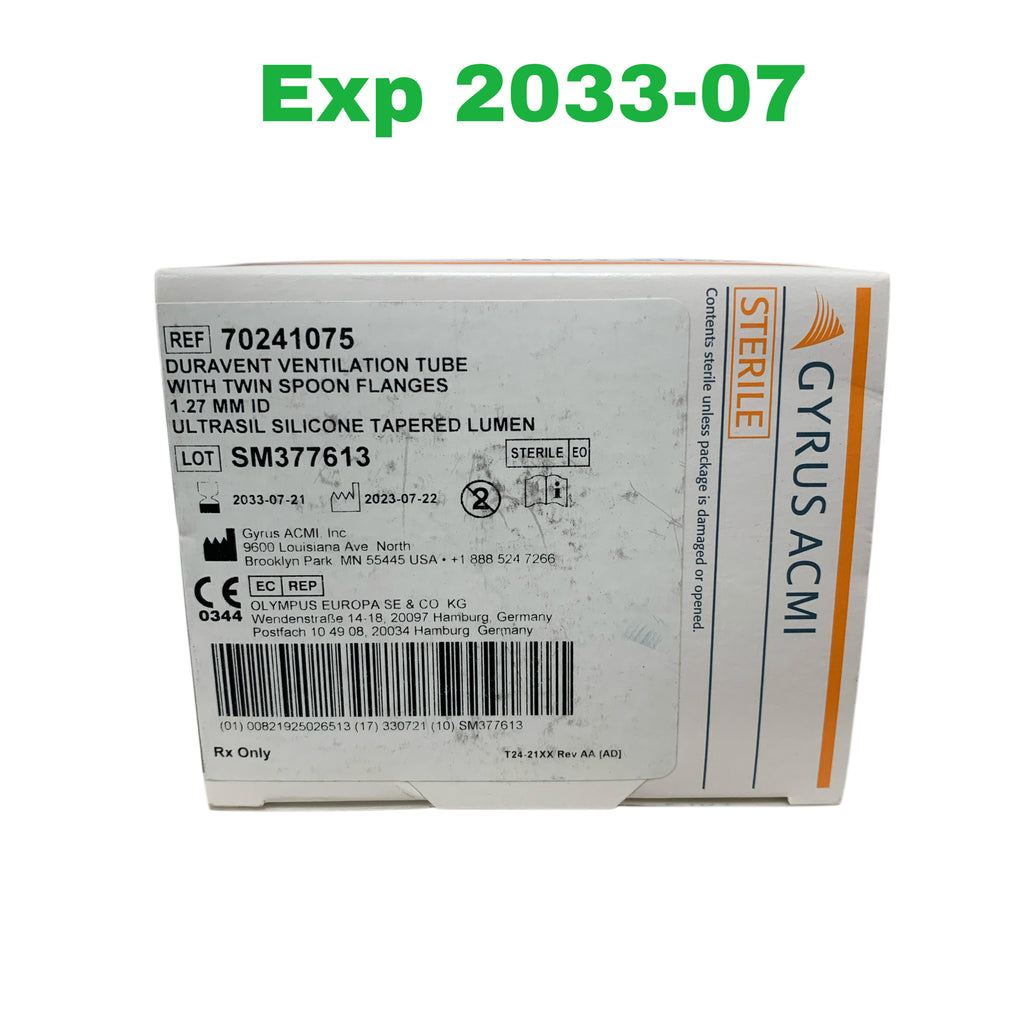 GYRUS ACMI REF 70241075 Duravent Ventilation Tube With Twin Spoon Flanges 1.27mm ID Box of 6, Exp.2033/07