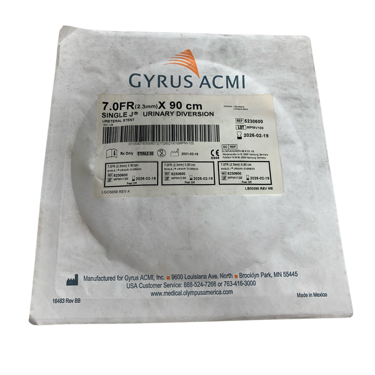 GYRUS ACMI 5230600 SINGLE J URINARY DIVERSION URETERAL STENT 7.0FR 90CM EXP 2026 02