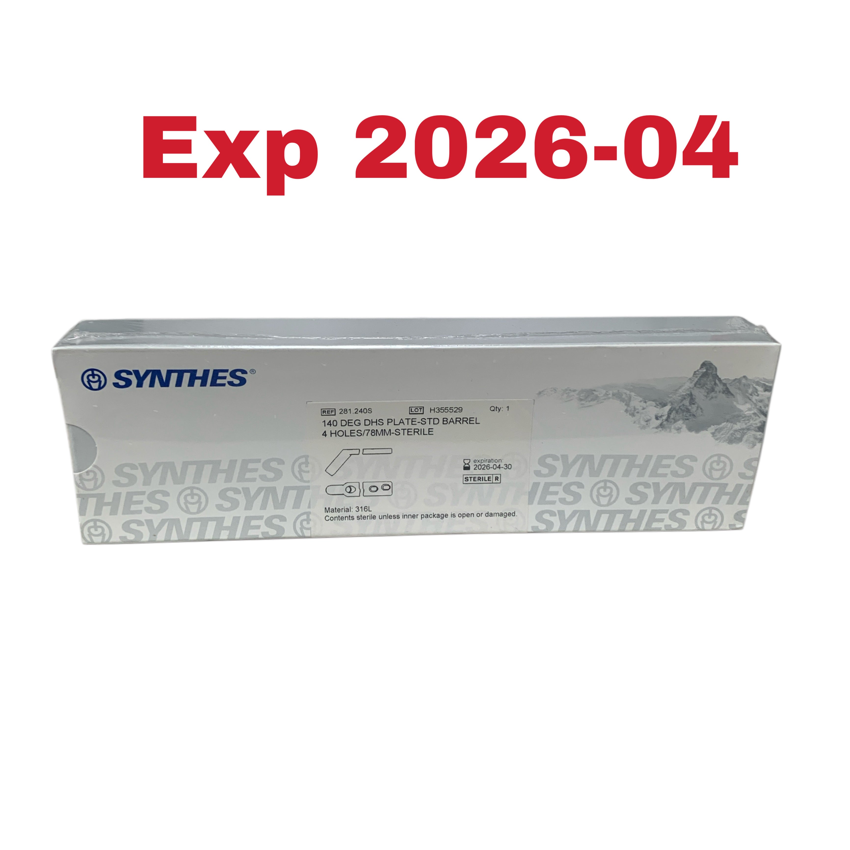 SYNTHES REF 281.240S 140 DEG DHS PLATE STD BARREL 4 HOLES 78MM STERILE Exp 2026 04