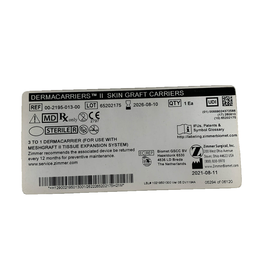 ZIMMER REF 00-2195-013-00 Dermacarriers II Skin Graft Carriers 3 to 1, Exp.2026/08