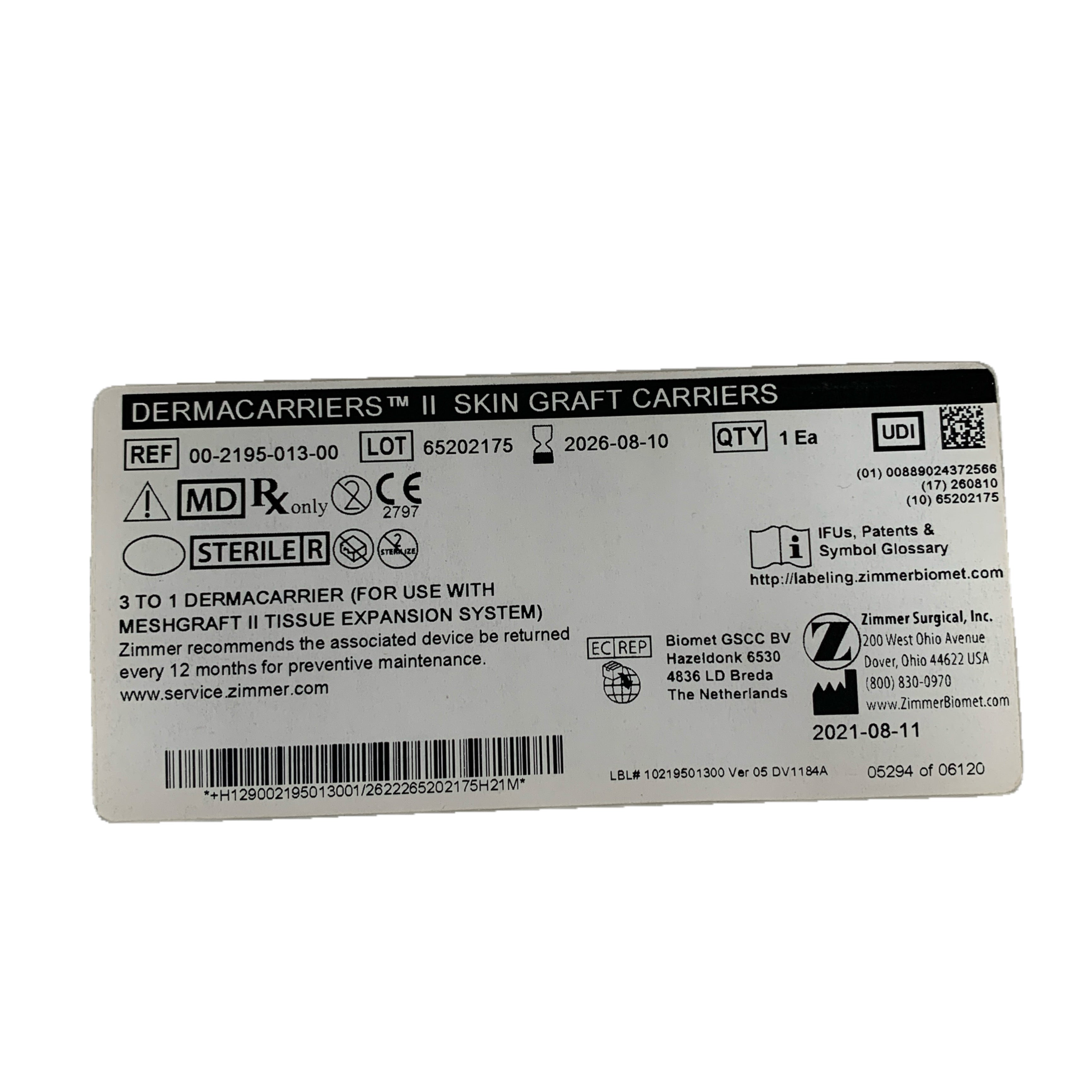 ZIMMER REF 00-2195-013-00 Dermacarriers II Skin Graft Carriers 3 to 1, Exp.2026/08