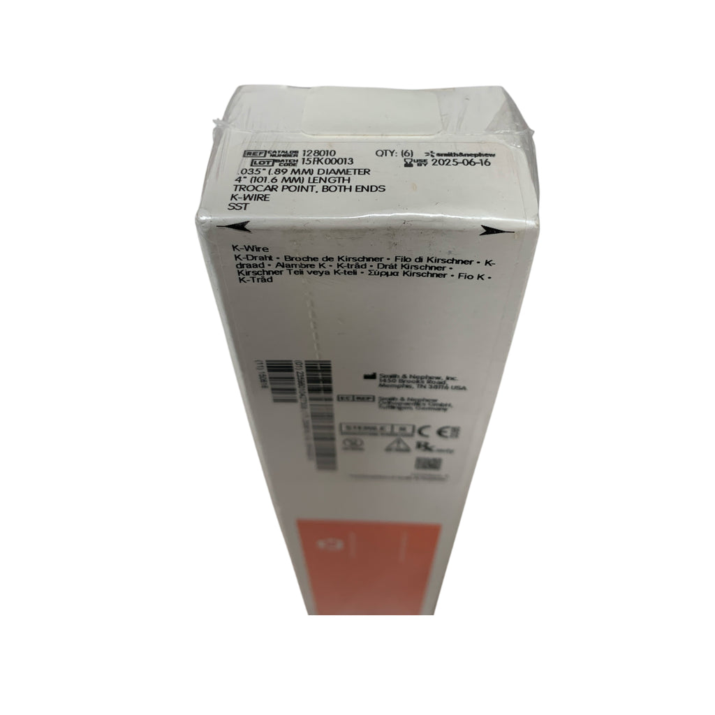 SMITH & NEPHEW REF 128010 0.035" 0.89 MM DIAMETER 4" 101.6 MM LENGTH TROCAR POINT BOTH ENDS K WIRE SST BOX OF 6 EXP 2025 06