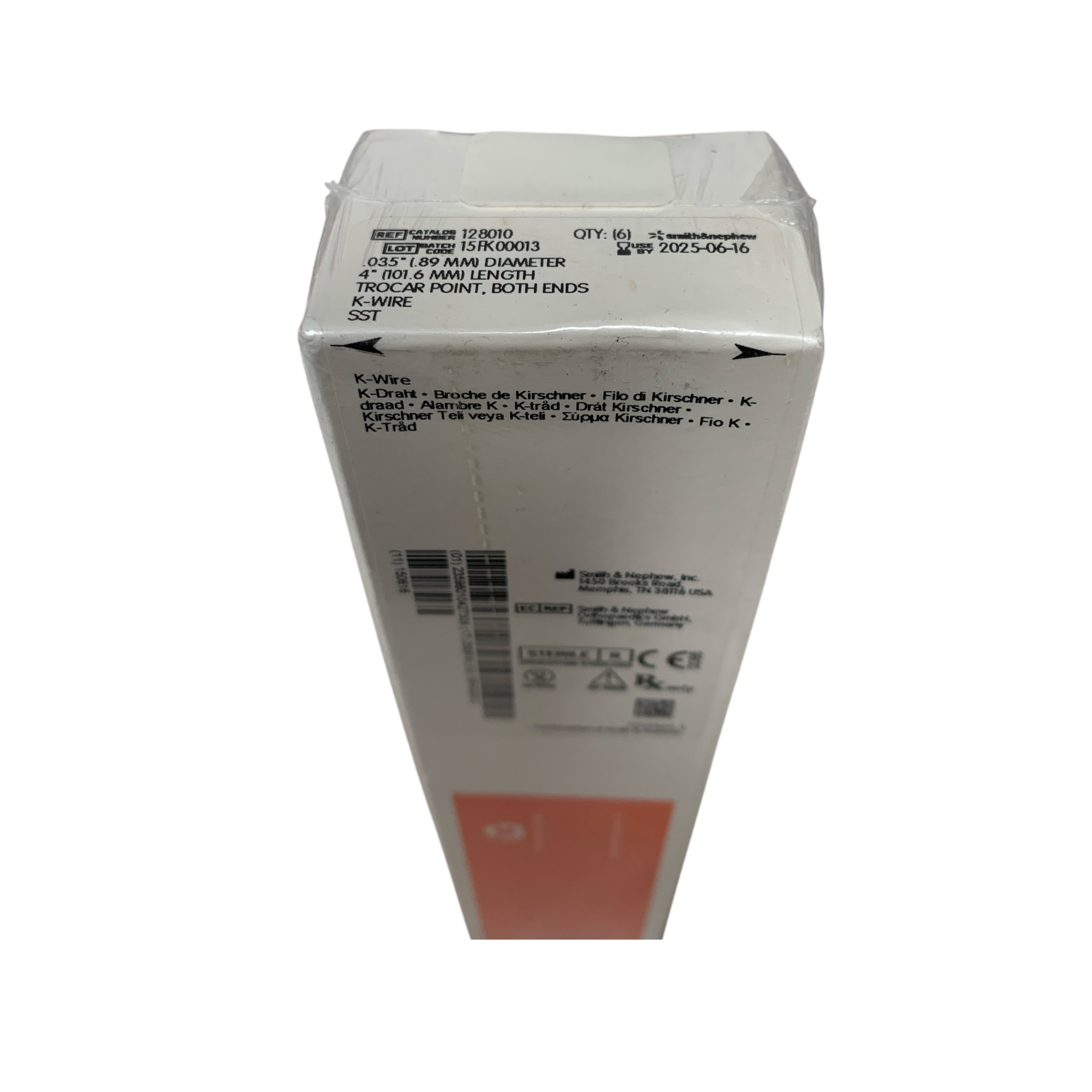 SMITH & NEPHEW REF 128010 0.035" 0.89 MM DIAMETER 4" 101.6 MM LENGTH TROCAR POINT BOTH ENDS K WIRE SST BOX OF 6 EXP 2025 06