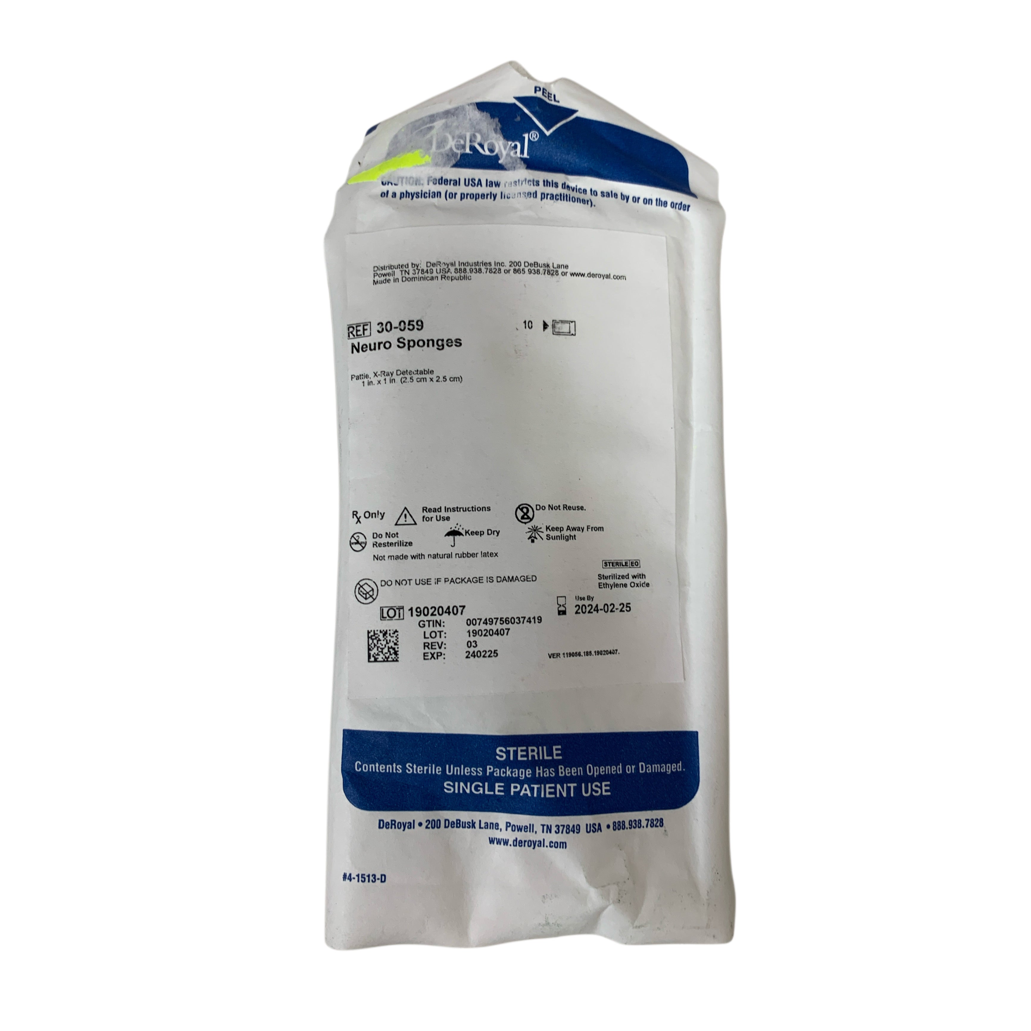 DEROYAL REF 30-059 Neuro Sponges Patties 1x1 Inch X-Ray Detectable Sterile Pack of 10, Exp.2024/02