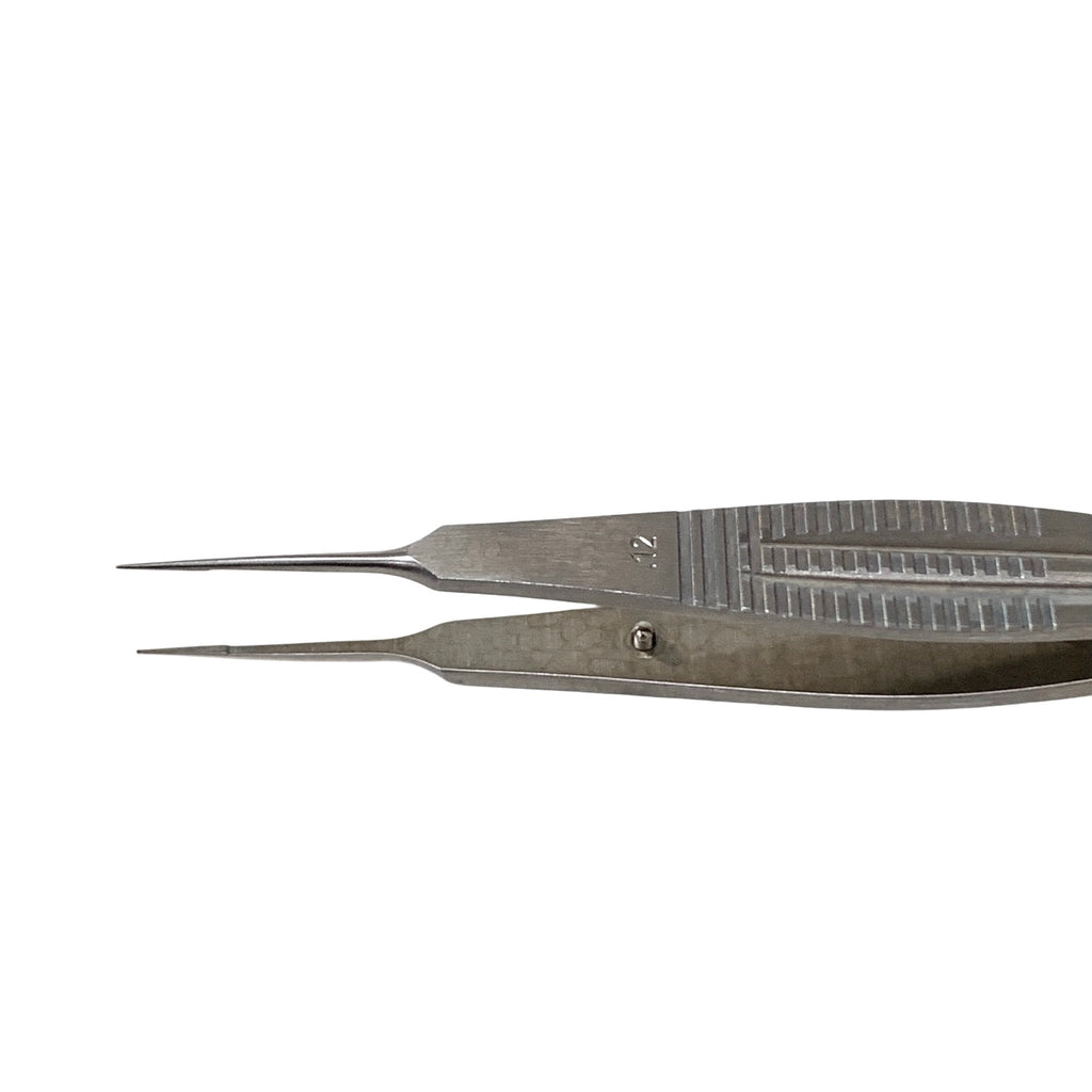 AMBLER REF 2252E Castroviejo suturing forceps 4 3/8'',straight shafts, 0.12mm 1x2 teeth, 5.5mm tying platforms, wide serrated flat handle