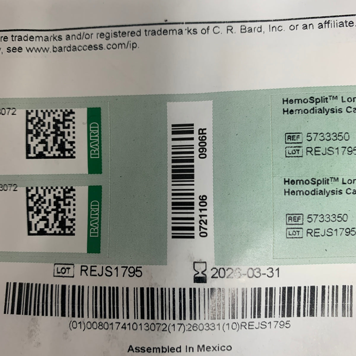 BARD 5733350 HemoSplit Long Term Hemodialysis Catheter 14.5 F x 35 cm EXP 2026 03