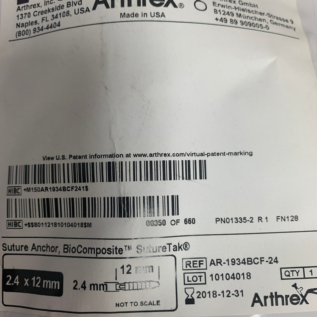 ARTHREX AR-1934BCF-24 Suture Anchor BioComposite SutureTak With 2 FiberWire 2.4 x 12 mm EXP 2018