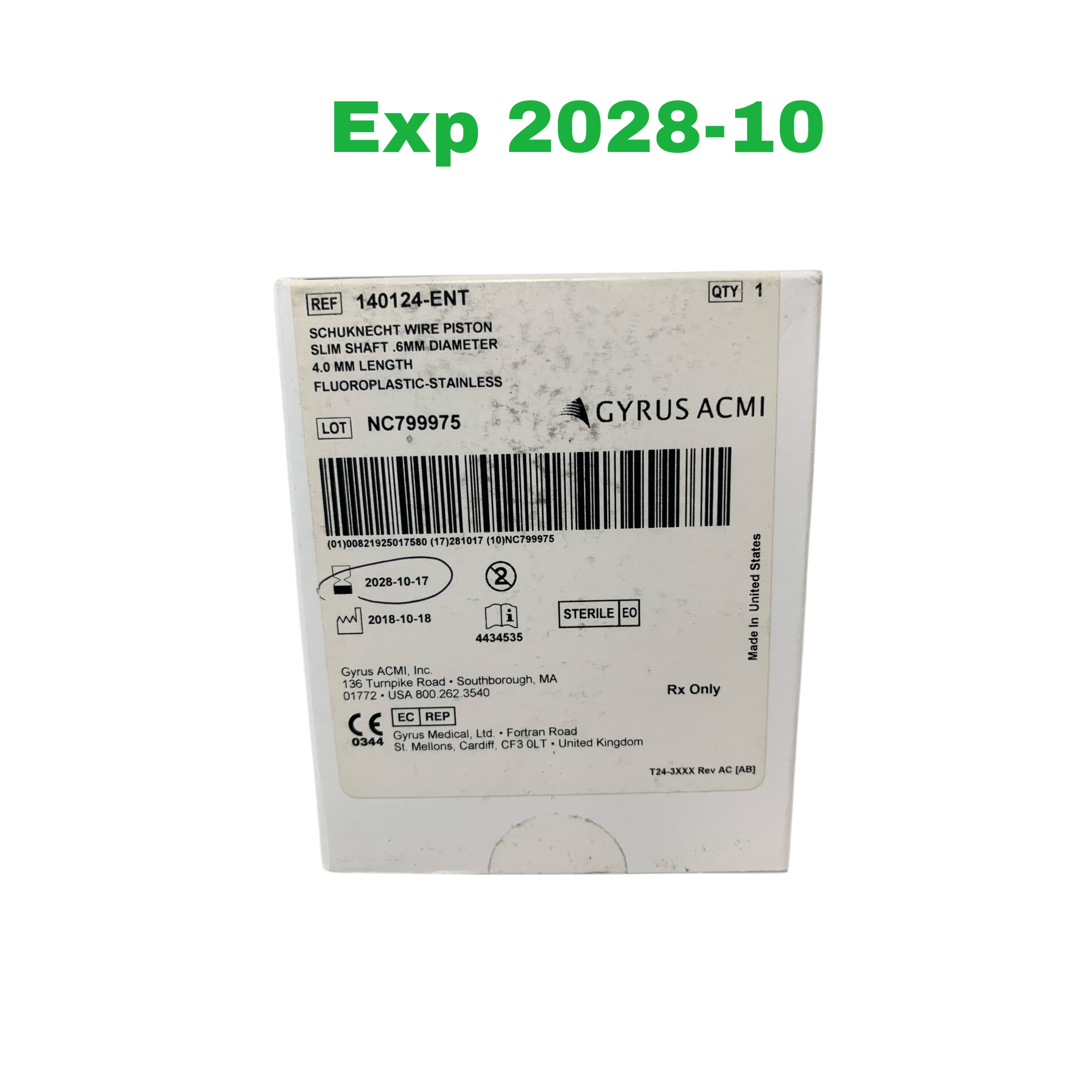GYRUS ACMI REF 140124-ENT Schuknecht Wire Piston Slim Shaft .6mm Diameter 4.0 mm Length Fluoroplastic-Stainless, Exp.2028-10