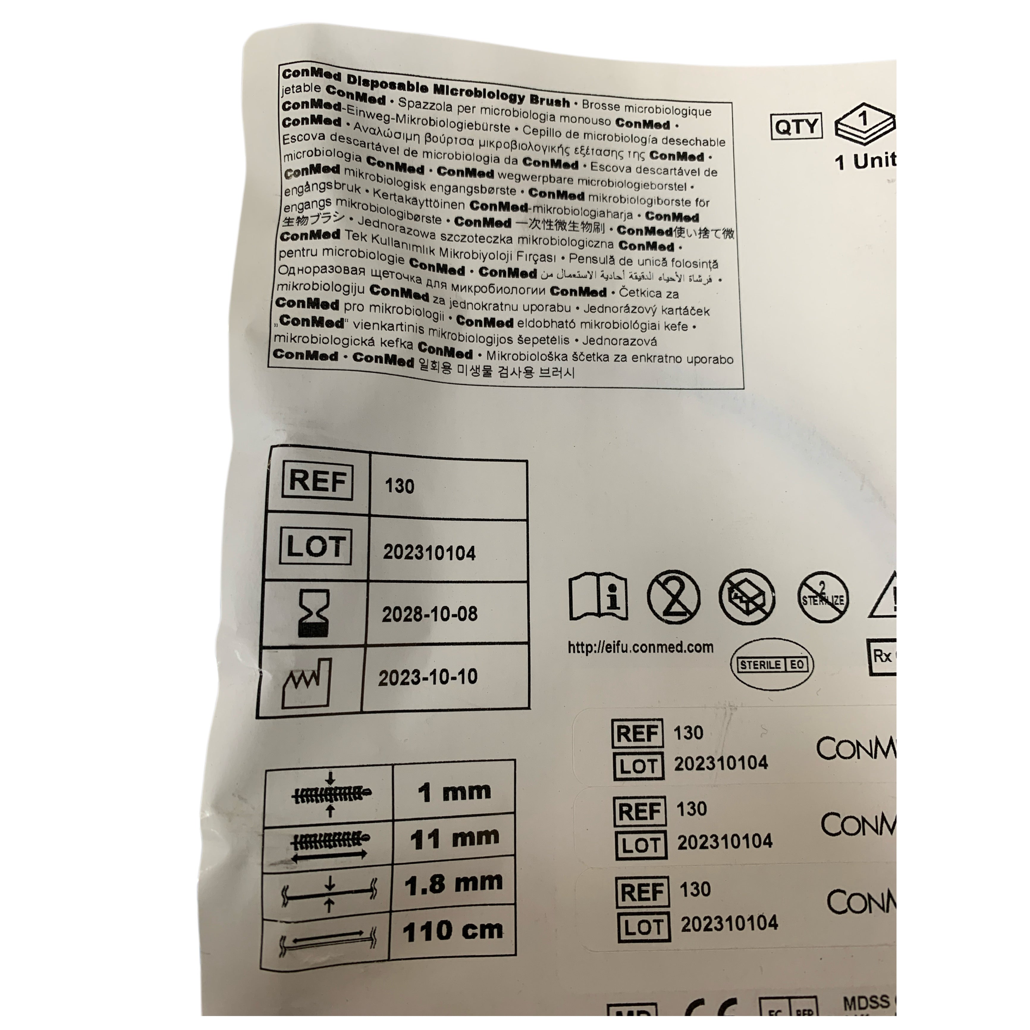 CONMED REF 130 Disposable Microbiology Brush 1mm x 11mm x 1.8mm x 110cm, Exp.2028/10