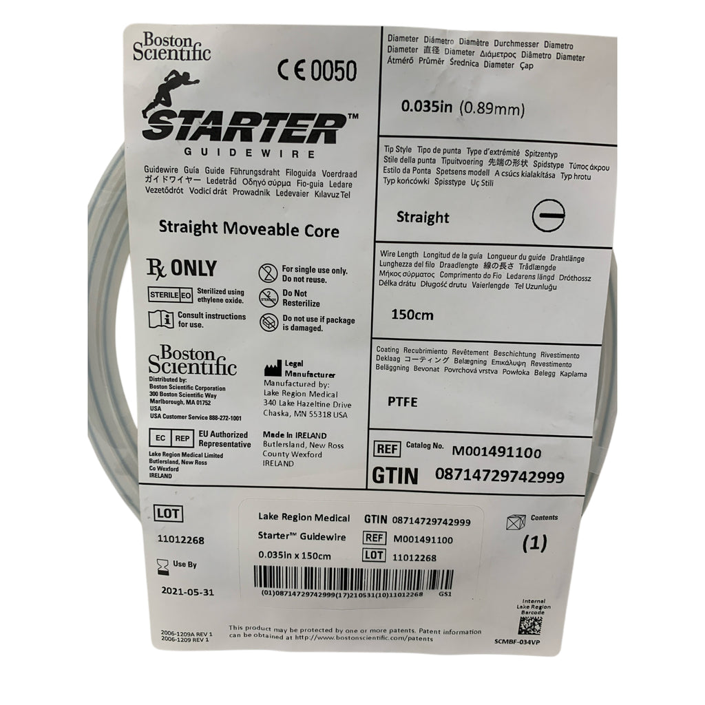 BOSTON SCIENTIFIC REF M001491100 PTFE Starter Guidewire Straight Moveable Core 0.035in x 150cm, Exp.2021/05