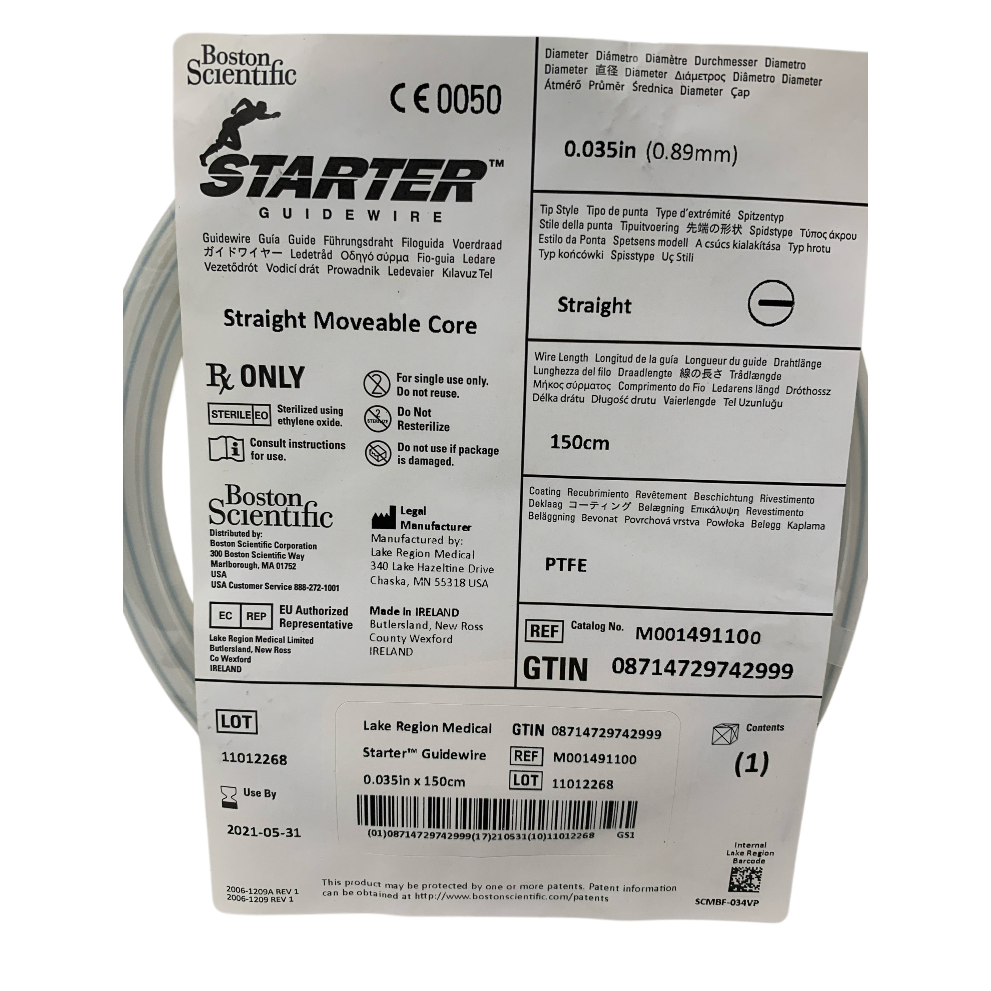 BOSTON SCIENTIFIC REF M001491100 PTFE Starter Guidewire Straight Moveable Core 0.035in x 150cm, Exp.2021/05