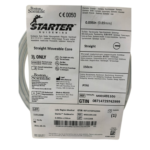 BOSTON SCIENTIFIC REF M001491100 PTFE Starter Guidewire Straight Moveable Core 0.035in x 150cm, Exp.2021/05