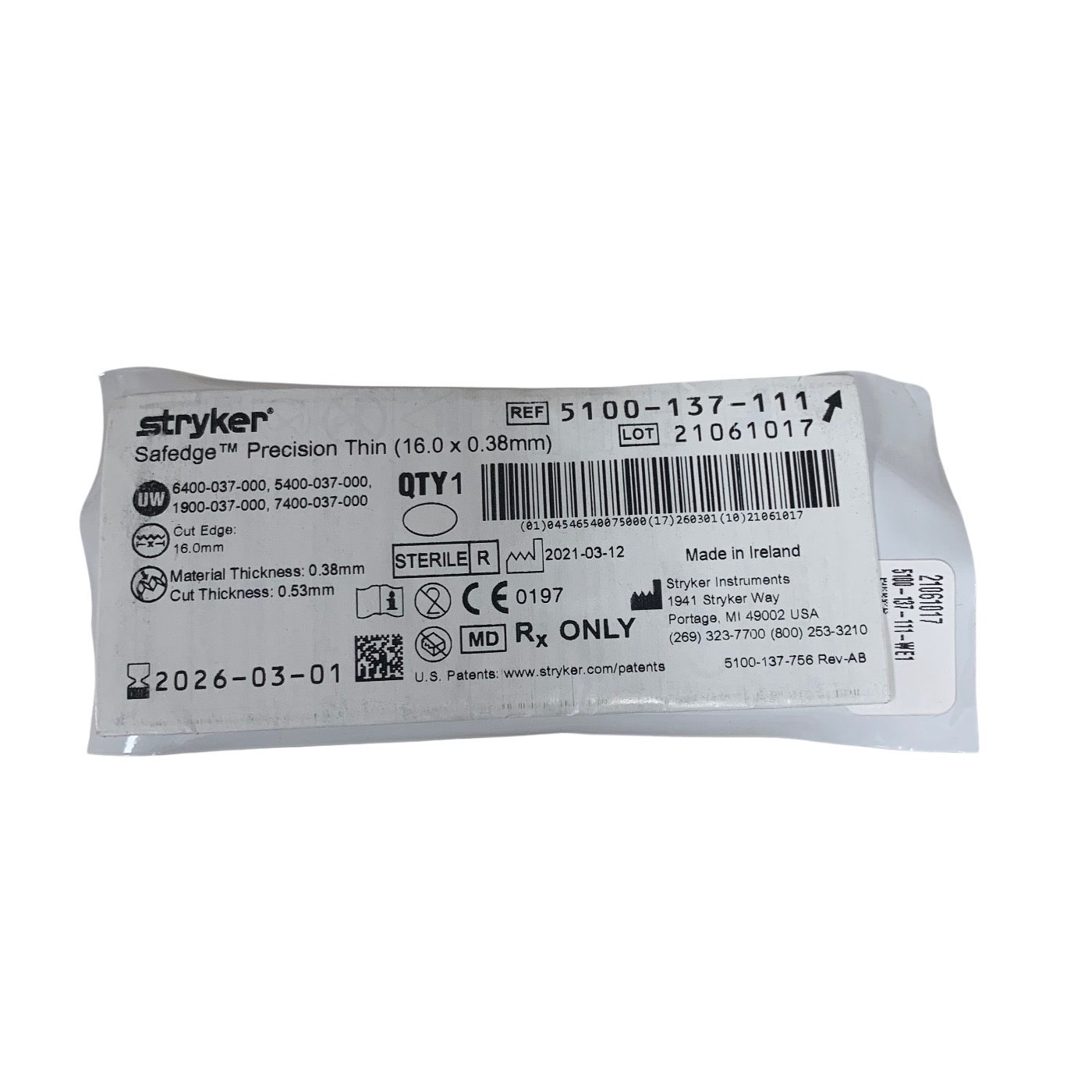 STRYKER 5100-137-111 Safedge Precision Thin 16.0 x 0.38mm Exp 2026 03