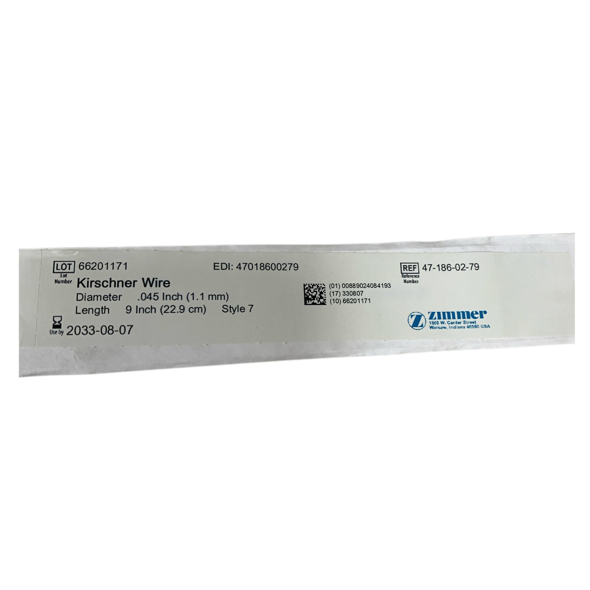 ZIMMER 47-186-02-79 Kirschner Wire 0.045 Inch 1.1 mm 9 Inch 22.9 cm Style 7 Exp 2033 08