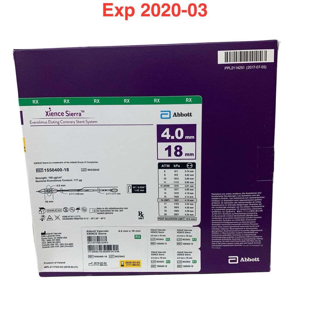 ABBOTT 1550400-18 Xience Sierra Everolimus Eluting Coronary Stent System 4.0mm x 18mm Exp 2020 03