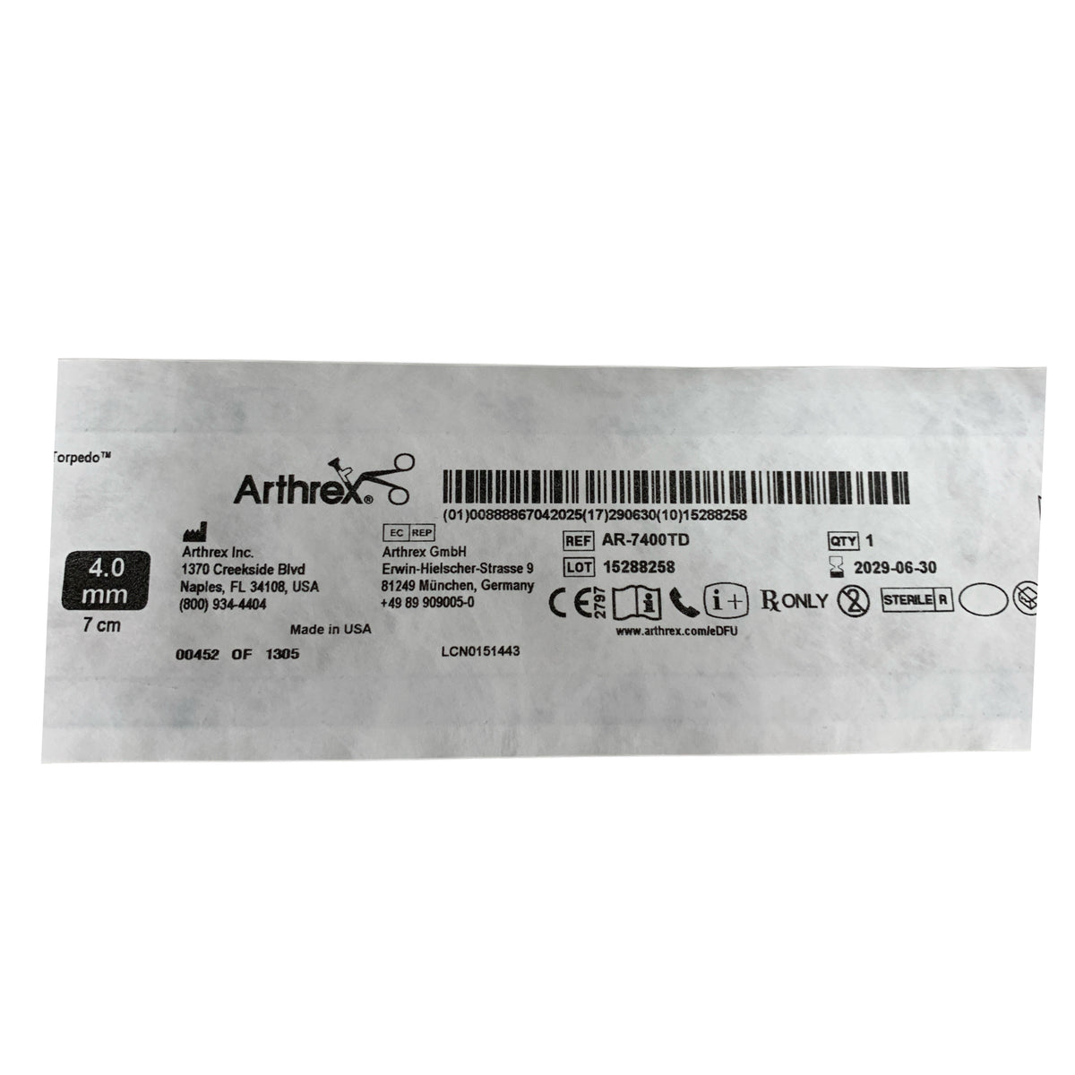 ARTHREX AR-7400TD Torpedo Shaver Blade 4.0 mm x 7 cm Exp 2029 06
