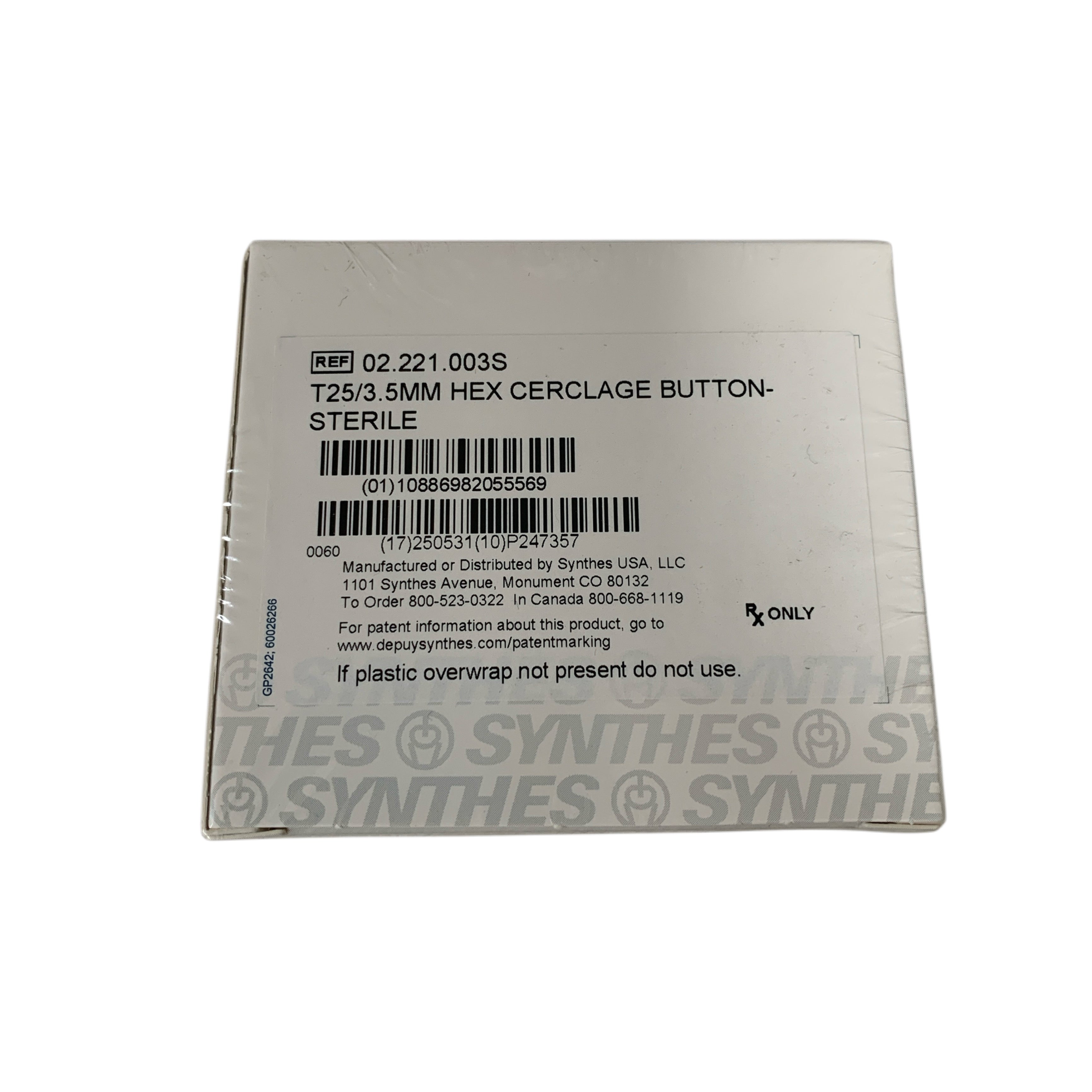 SYNTHES REF 02.221.003S T25/3.5MM Hex Cerclage Button Sterile 316L, Exp.2025/05