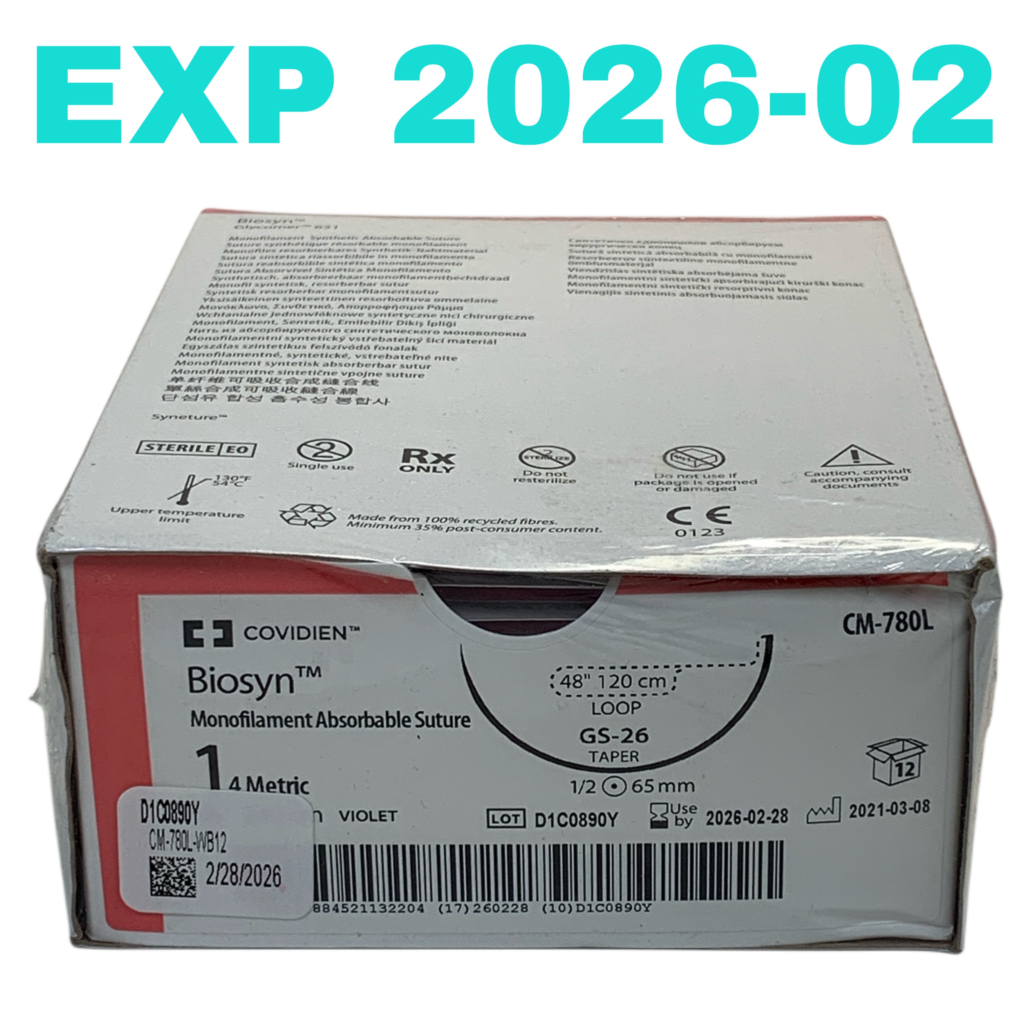 COVIDIEN REF CM-780L Biosyn Suture, Size 1, 48" Loop, GS-26 Needle, Box of 12, Exp.2026/02
