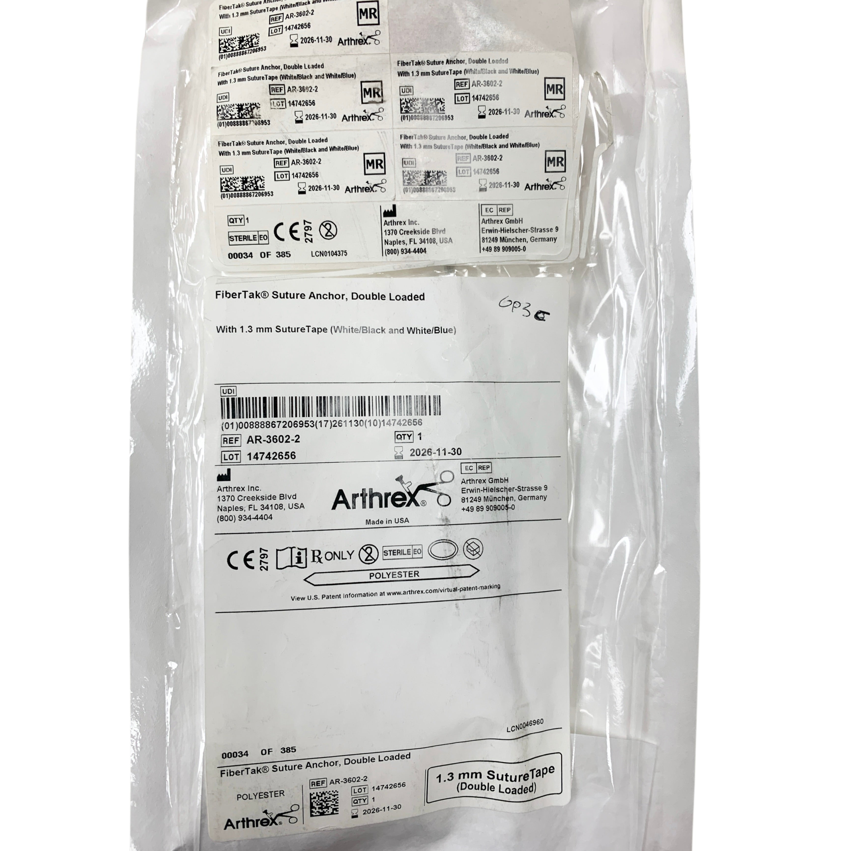 ARTHREX REF AR-3602-2 FiberTak Suture Anchor Double Loaded, Exp.2026/11