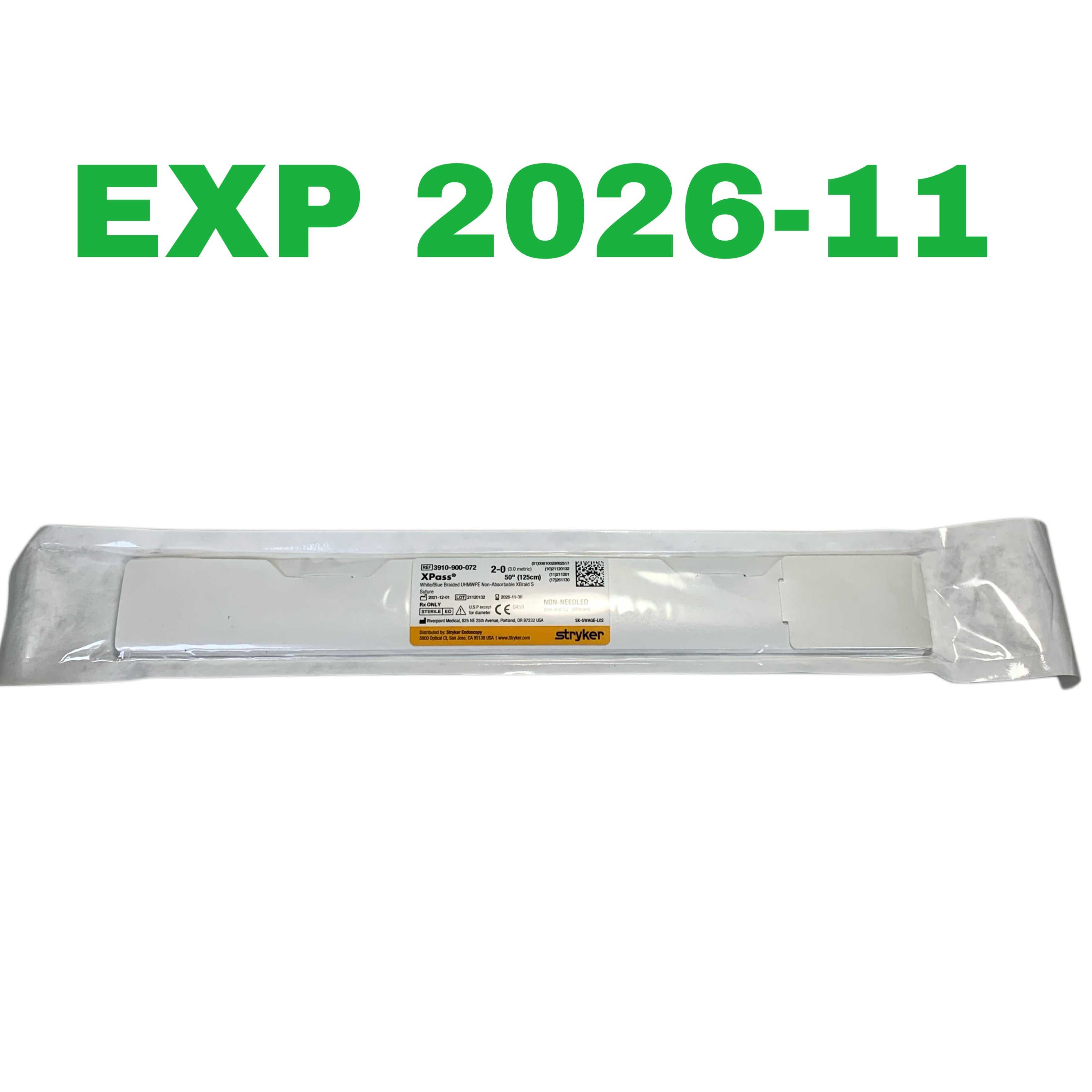 STRYKER REF 3910-900-072 XPass White/Blue Braided UHMWPE Suture, 2-0 Size, 50" (125cm), Non-Needled, Exp.2026/11