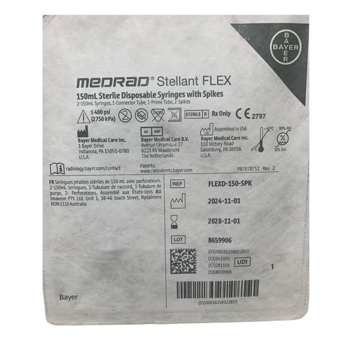 BAYER FLEXD-150-SPK Medrad Stellant FLEX 150mL Sterile Disposable Syringes with Spikes Exp 202811
