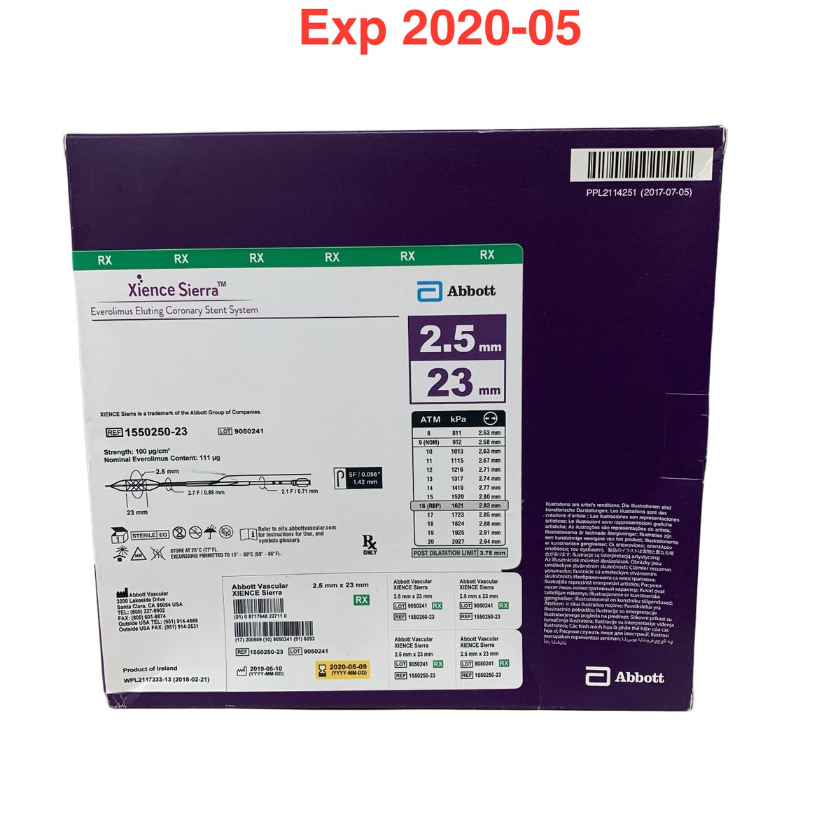 ABBOTT 1550250-23 Xience Sierra Everolimus Eluting Coronary Stent System 2.5 x 23 mm Exp 2020 05