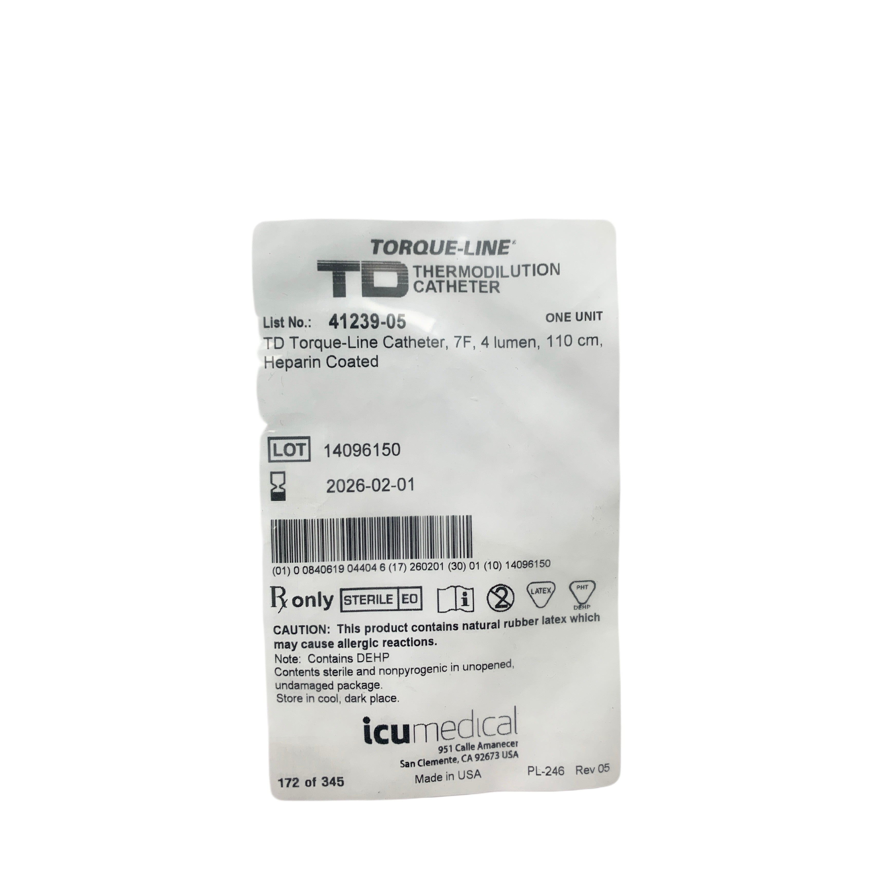 ICU MEDICAL REF 41239-05 Torque-Line TD Thermodilution Catheter 7F 4 Lumen 110cm, Exp.2026-02